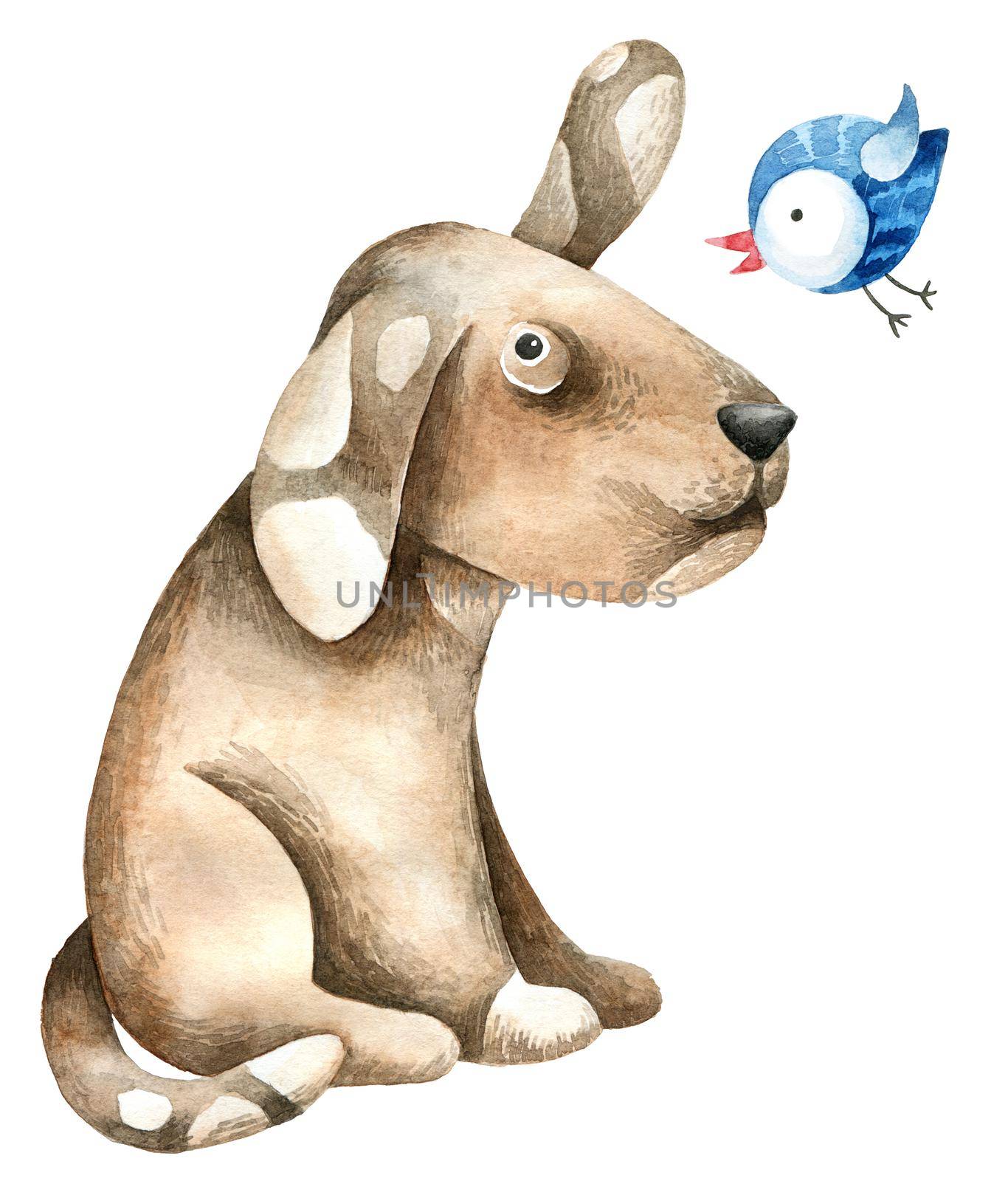 Cute illustration of dog and little blue flying bird. Design for greeting card. Drawing by watercolor.