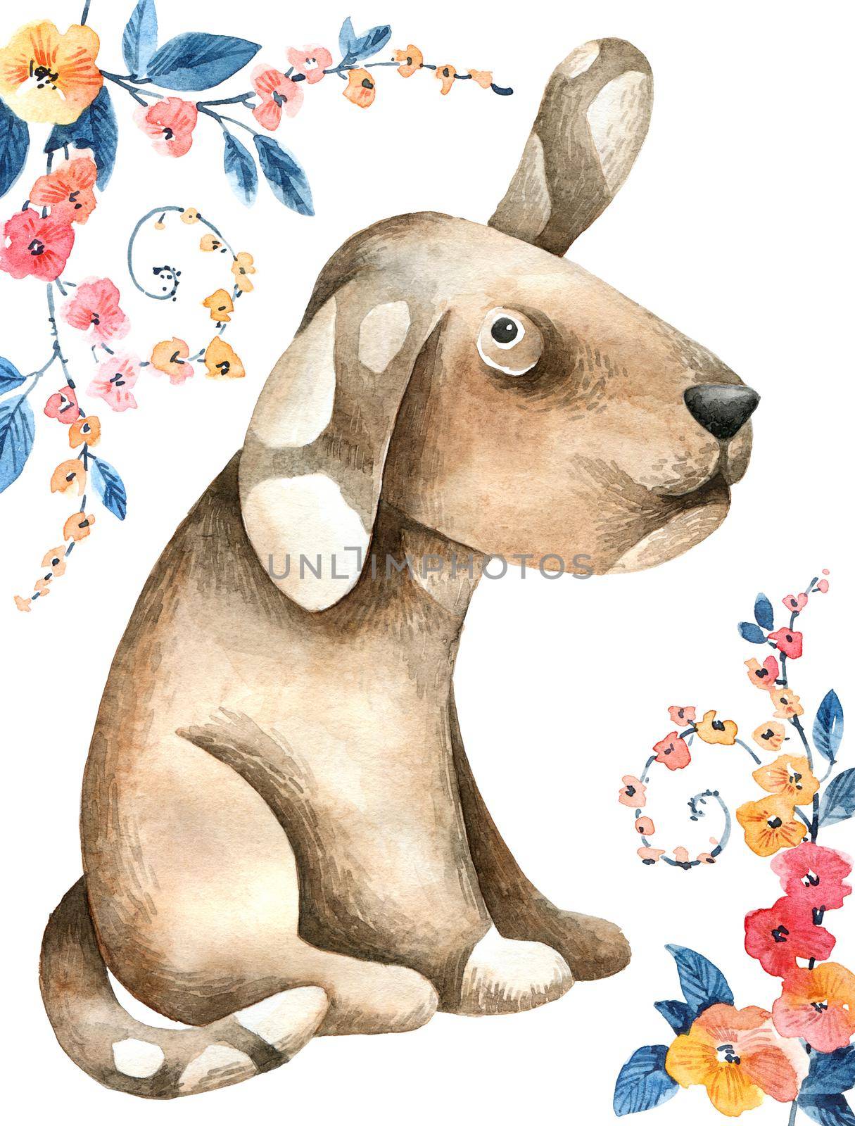 Cute illustration of dog and flowers. Design for greeting card. Drawing by watercolor.