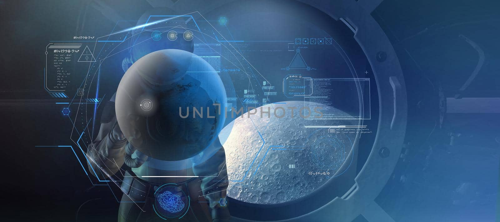 An astronaut in a spacesuit analyzing data from the moon on a virtual panel.