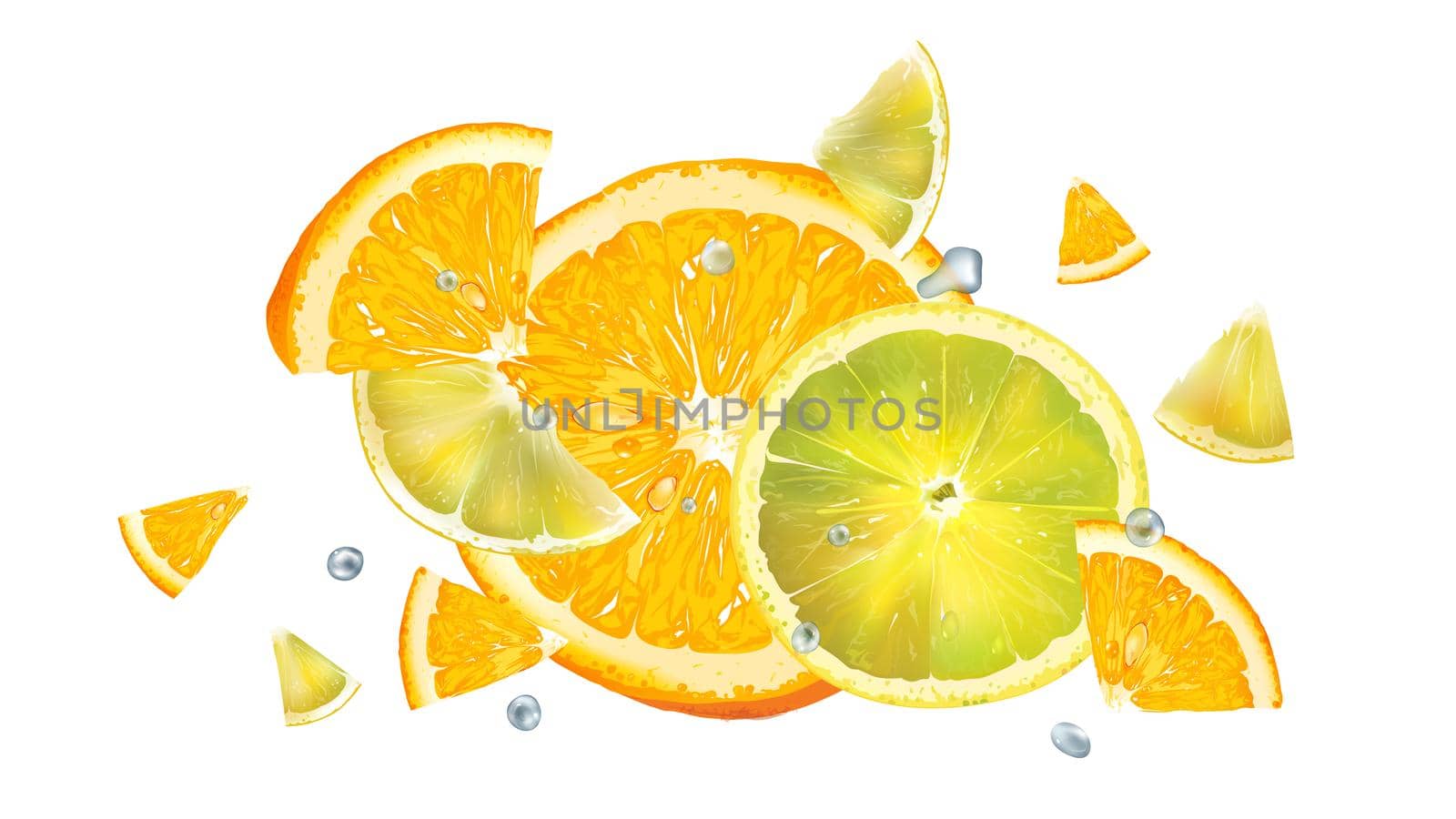 Sliced orange and lemon with water droplets scatter in different directions. Realistic style illustration.