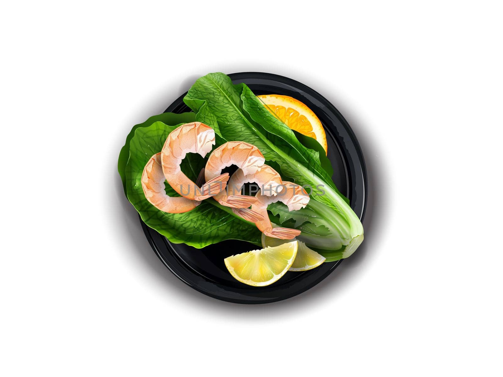 Black plate with shrimps, citrus and lettuce leaves on a white background, top view. Realistic style illustration.