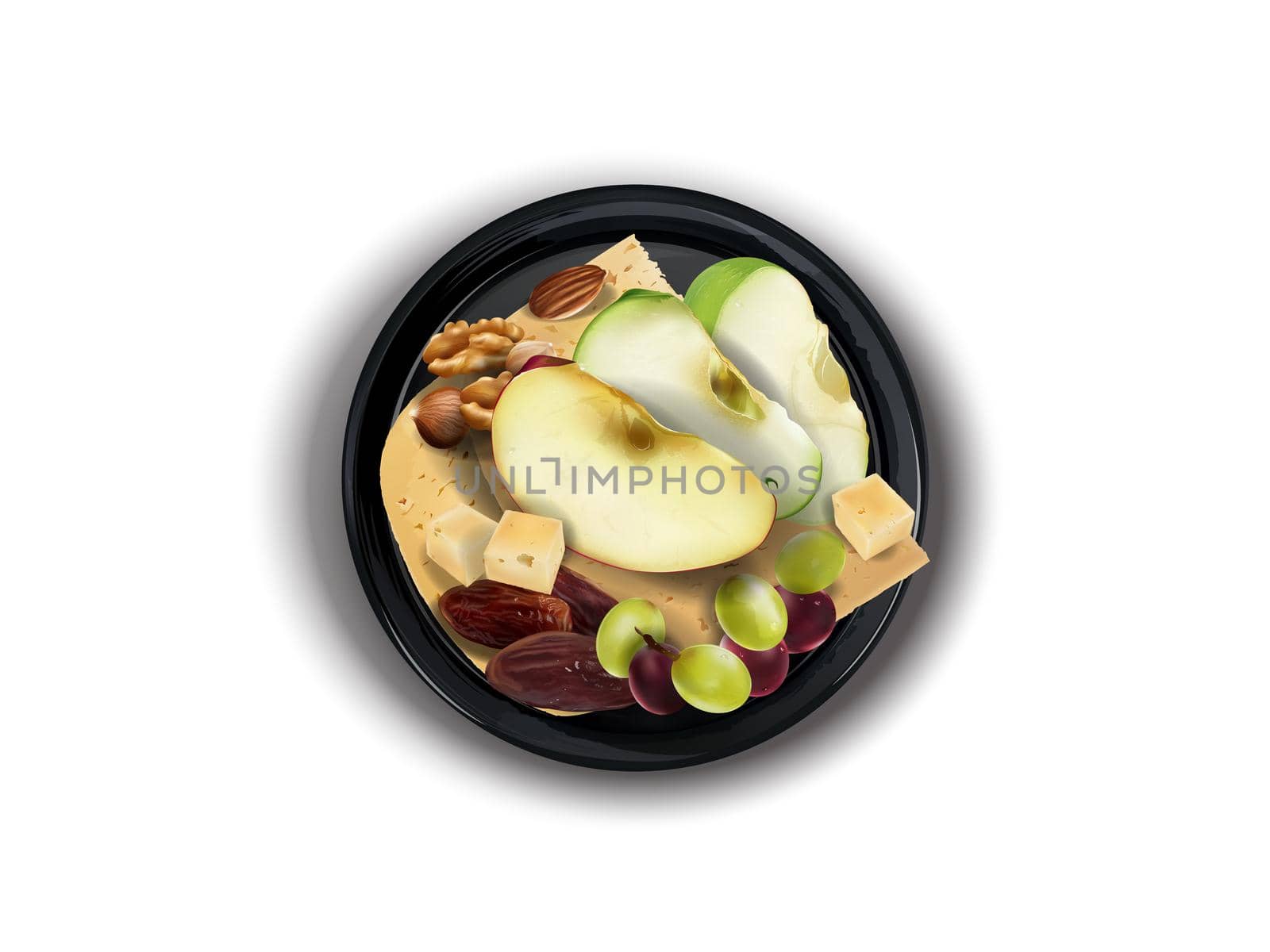 Black plate with cheese, nuts and fruits on a white background, top view. Realistic style illustration.