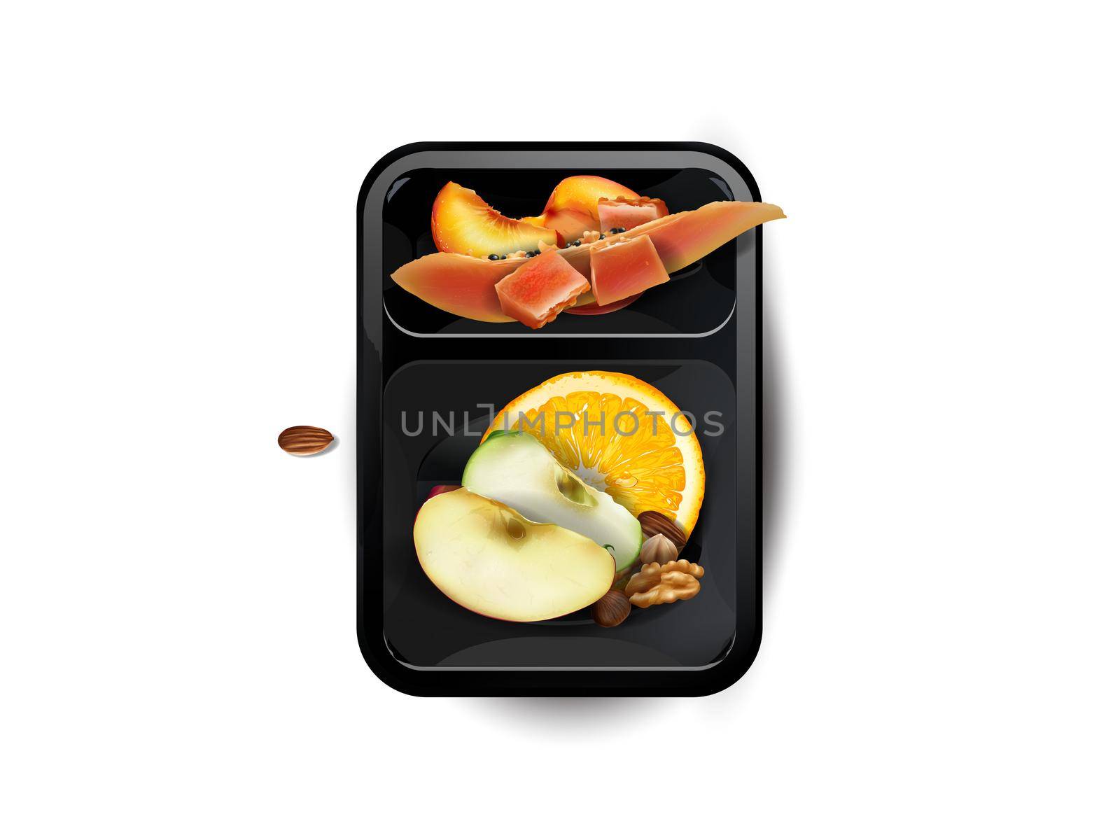 Assorted fruits with nuts in a lunchbox on a white background, top view. Realistic style illustration.