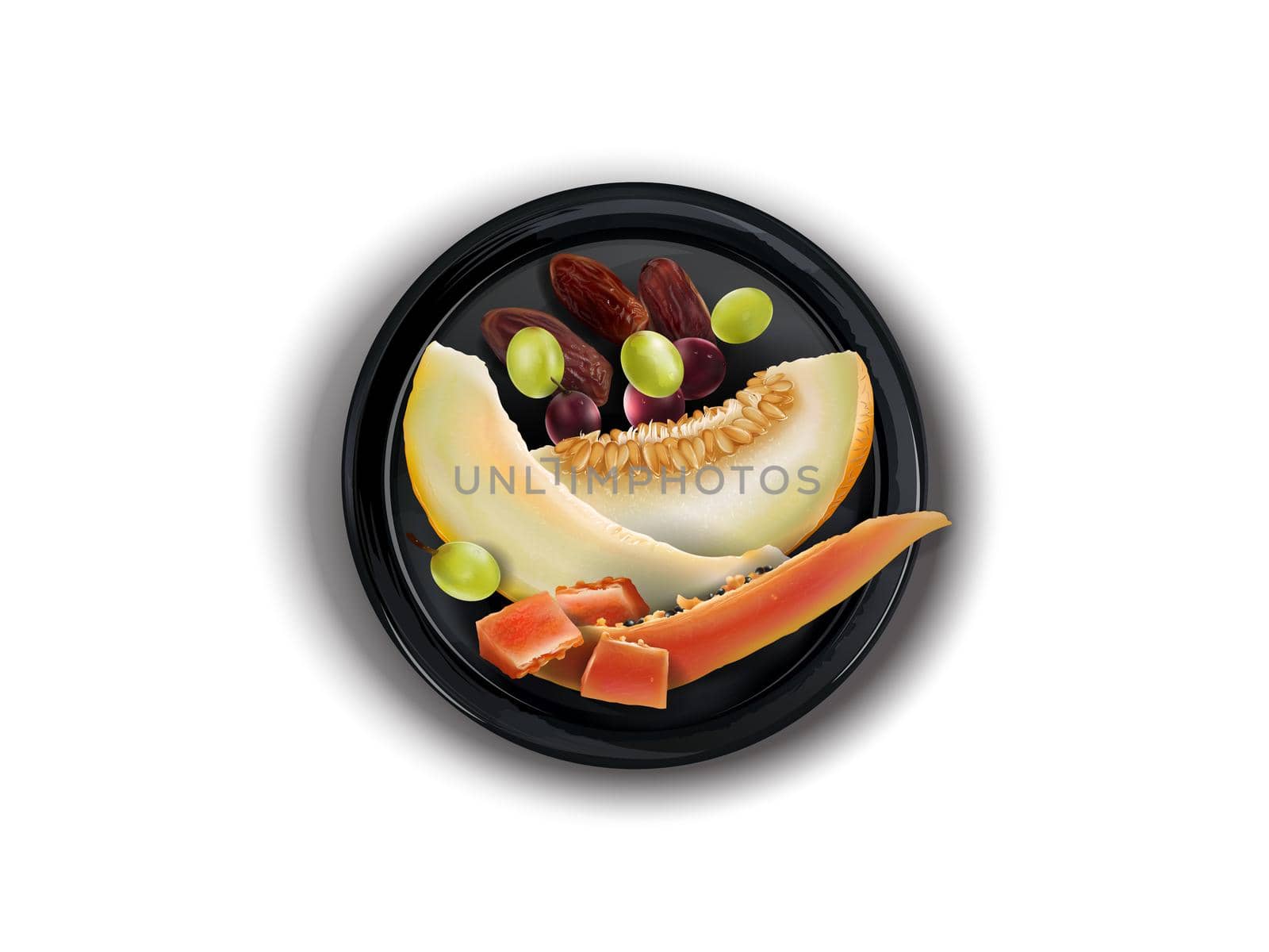 Black plate with melon, papaya, dates and grapes on a white background, top view. Realistic style illustration.