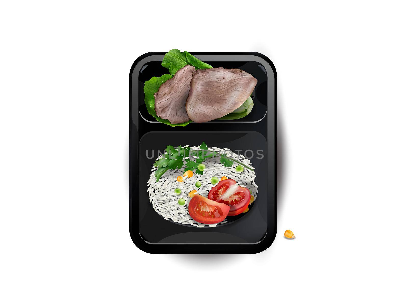 Boiled meat with rice and vegetables in a lunchbox. by ConceptCafe