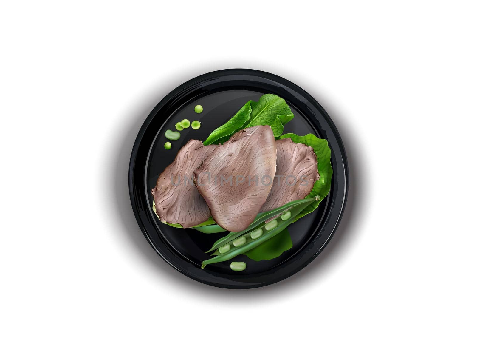 Boiled meat with beans, peas and lettuce on a black plate. by ConceptCafe