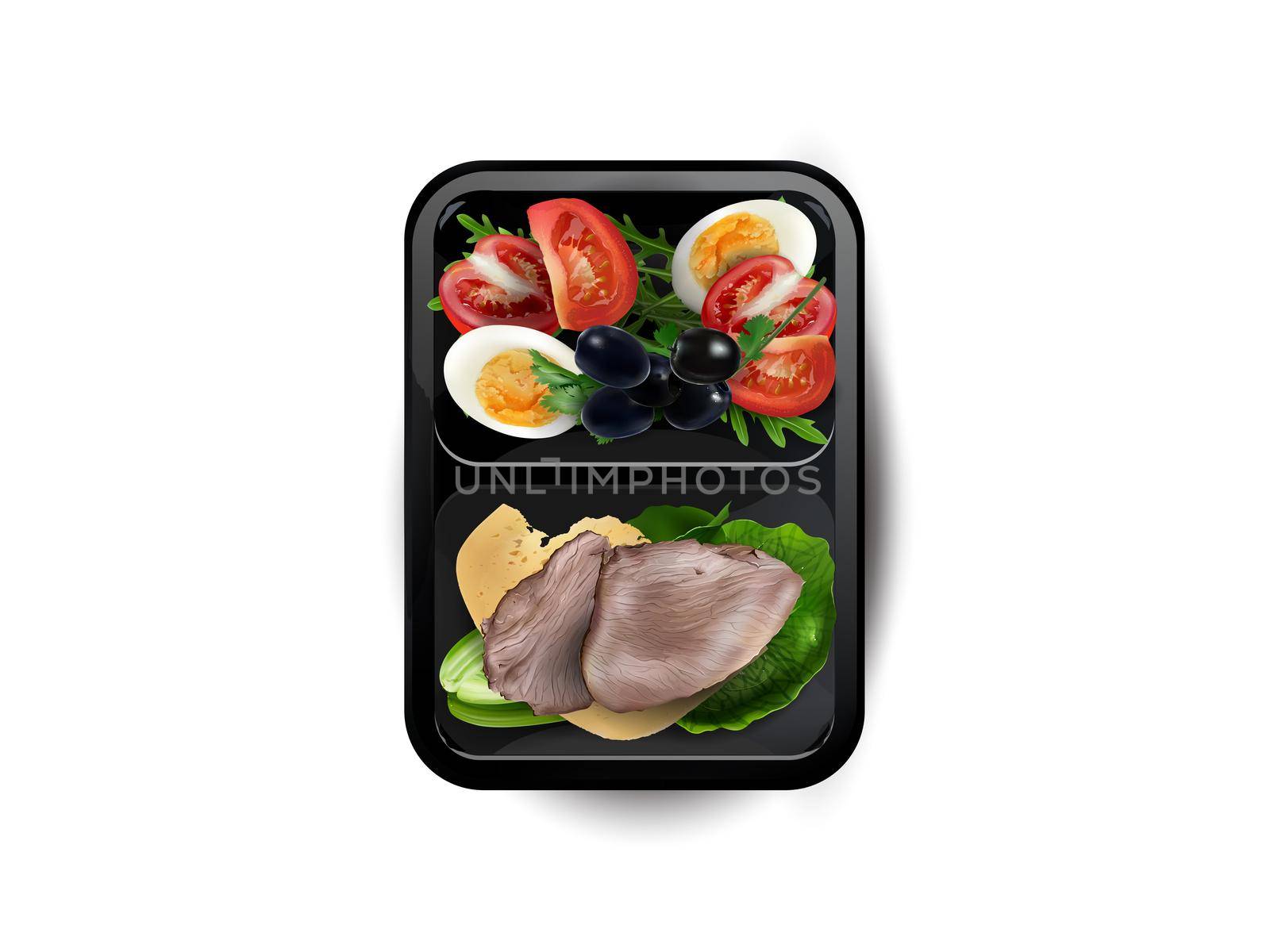 Boiled turkey meat with vegetables, egg and cheese in a lunchbox on a white background, top view. Realistic style illustration.