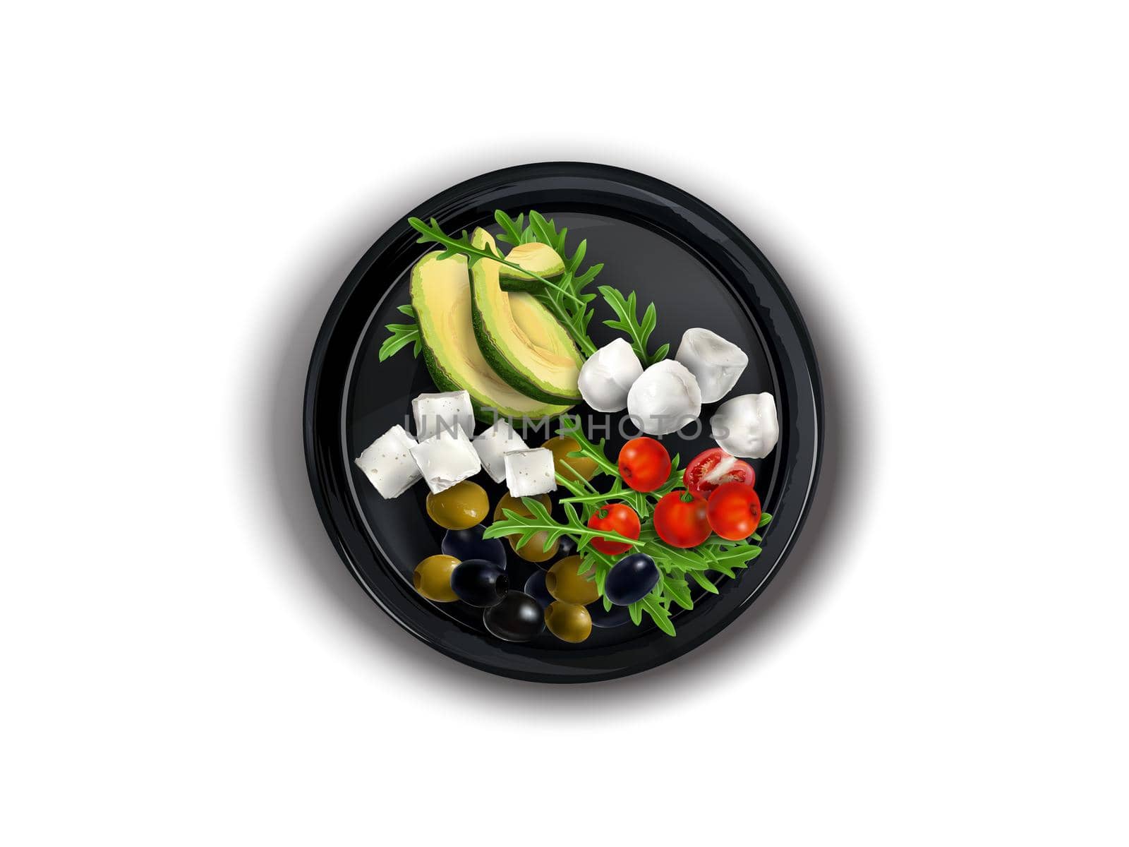 Black plate with Feta and Mozzarella cheese, avocado, tomatoes and olives on a white background, top view. Realistic style illustration.