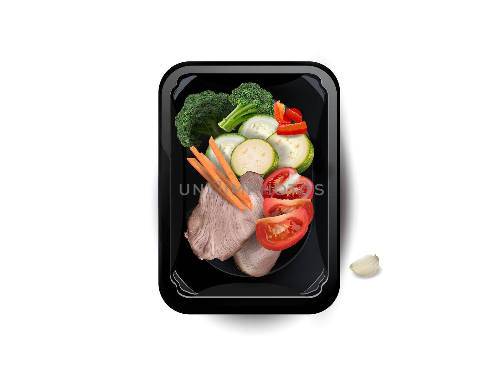 Boiled turkey meat with zucchini, broccoli, tomatoes, carrot and garlic in a lunchbox on a white background, top view. Realistic style illustration.