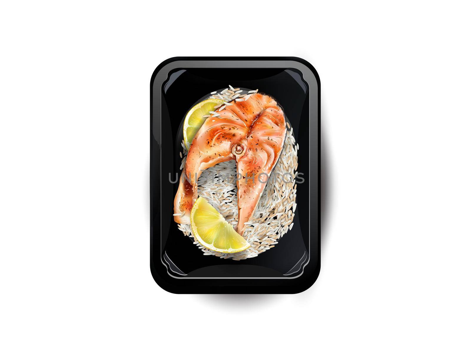 Salmon steak with long-grain rice and lemon slices in a lunchbox on a white background, top view. Realistic style illustration.