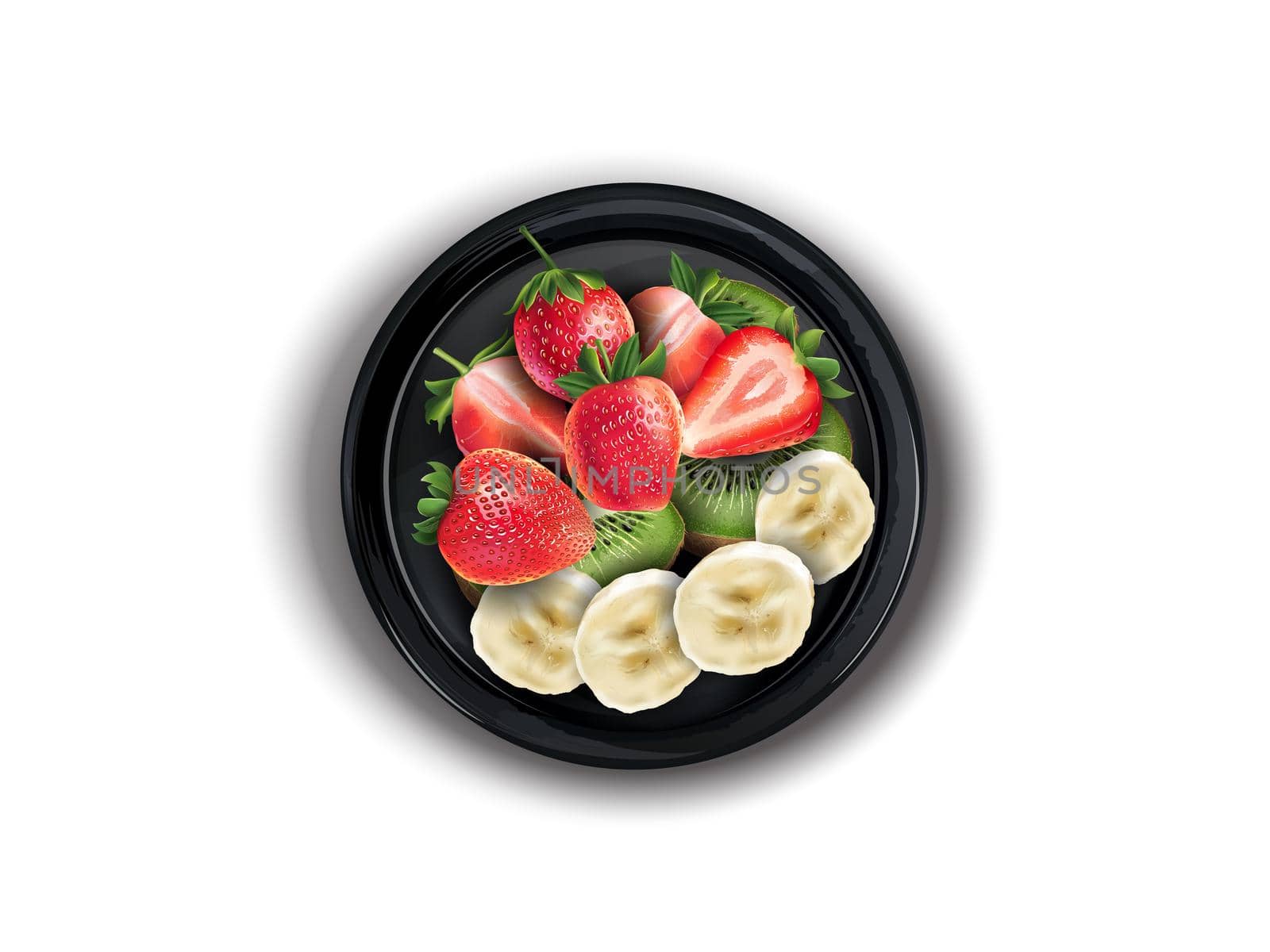 Black plate with strawberries, kiwi and banana slices on a white background, top view. Realistic style illustration.