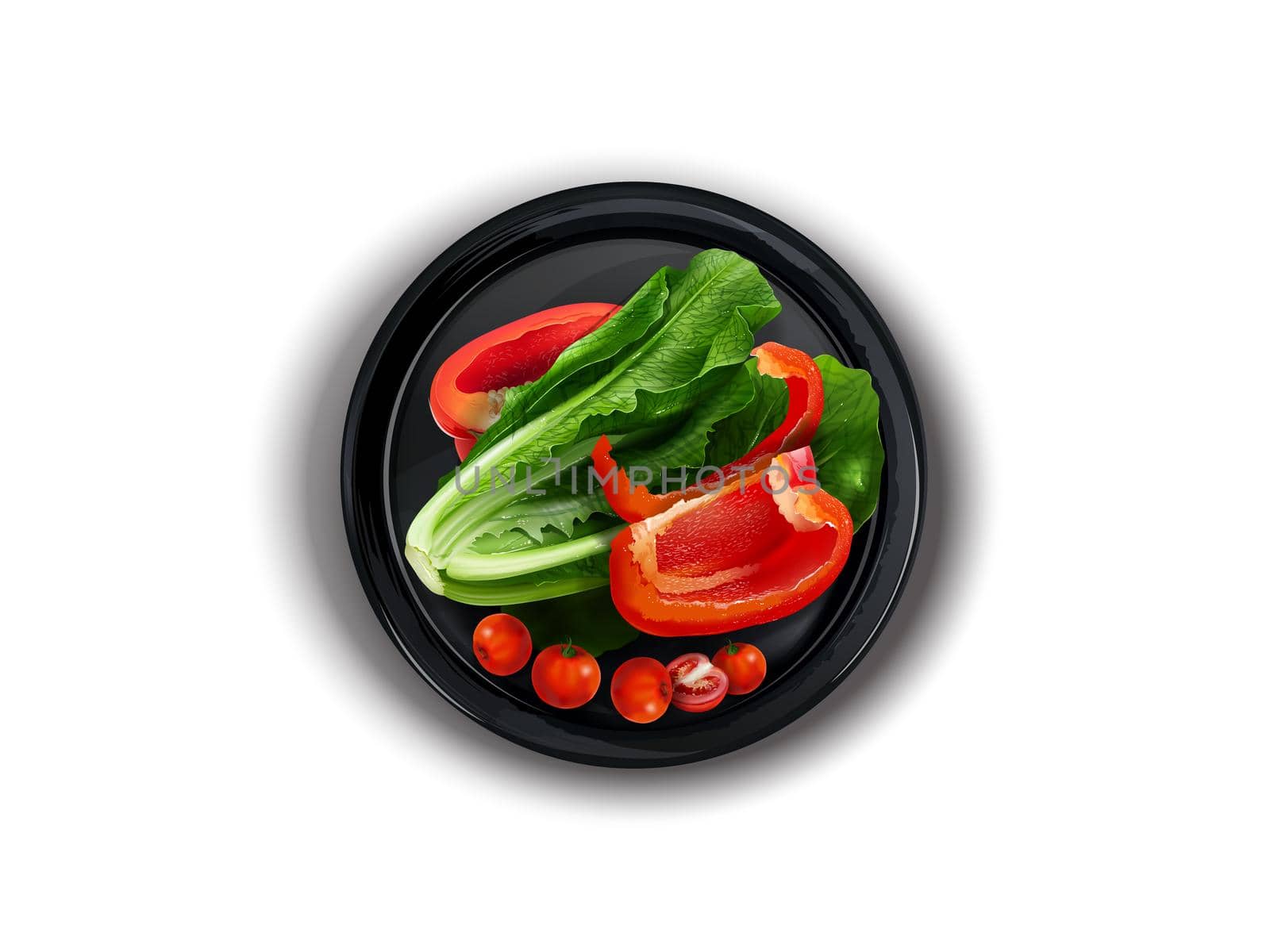 Black plate with bell pepper slices, lettuce and cherry tomatoes on a white background, top view. Realistic style illustration.