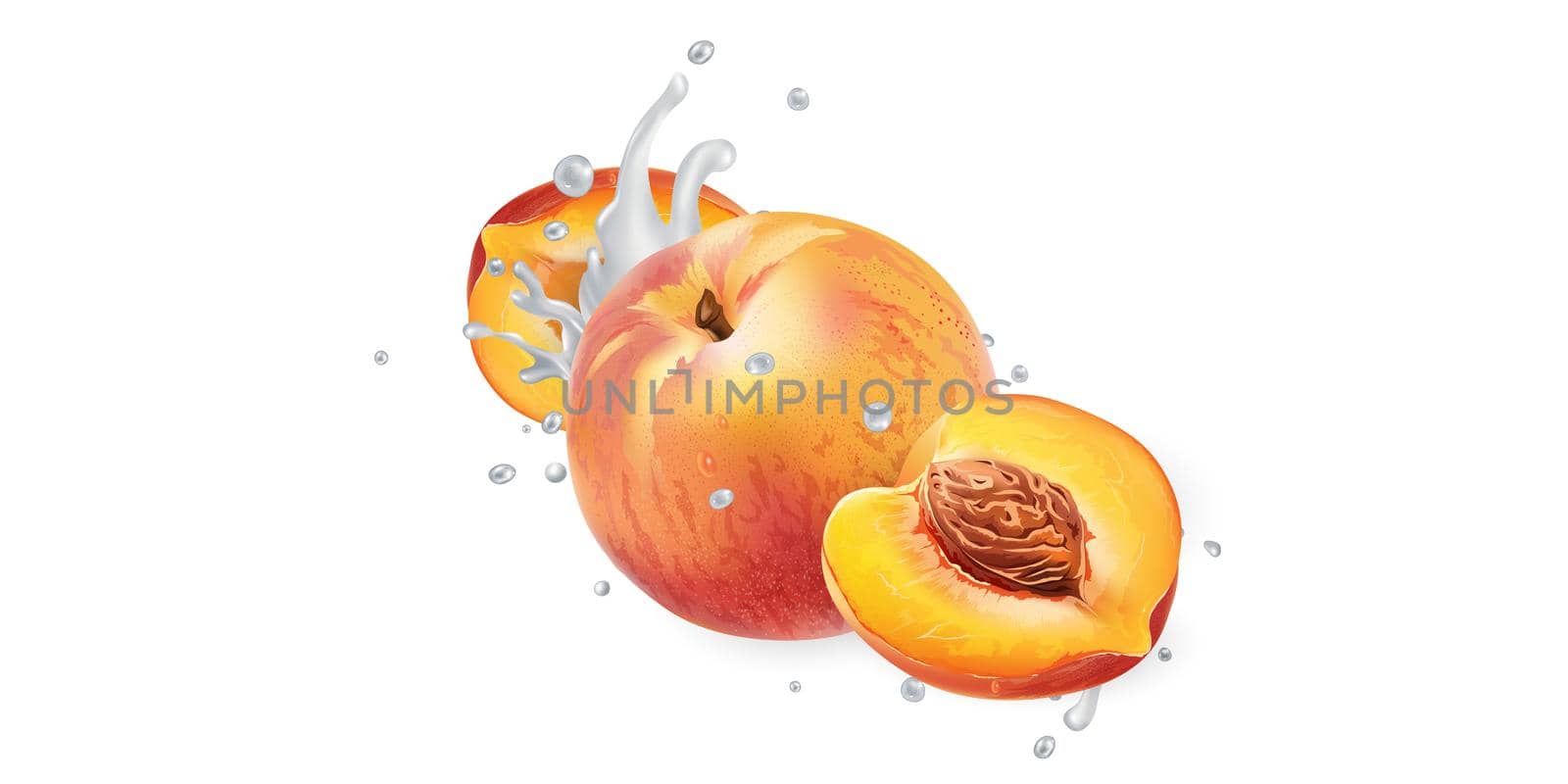 Peaches and a splash of yogurt or milk on a white background. Realistic style illustration.