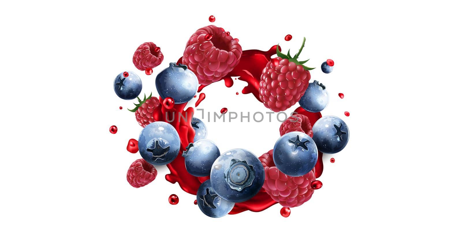 Fresh blueberries and raspberries in fruit juice splashes on a white background. Realistic style illustration.