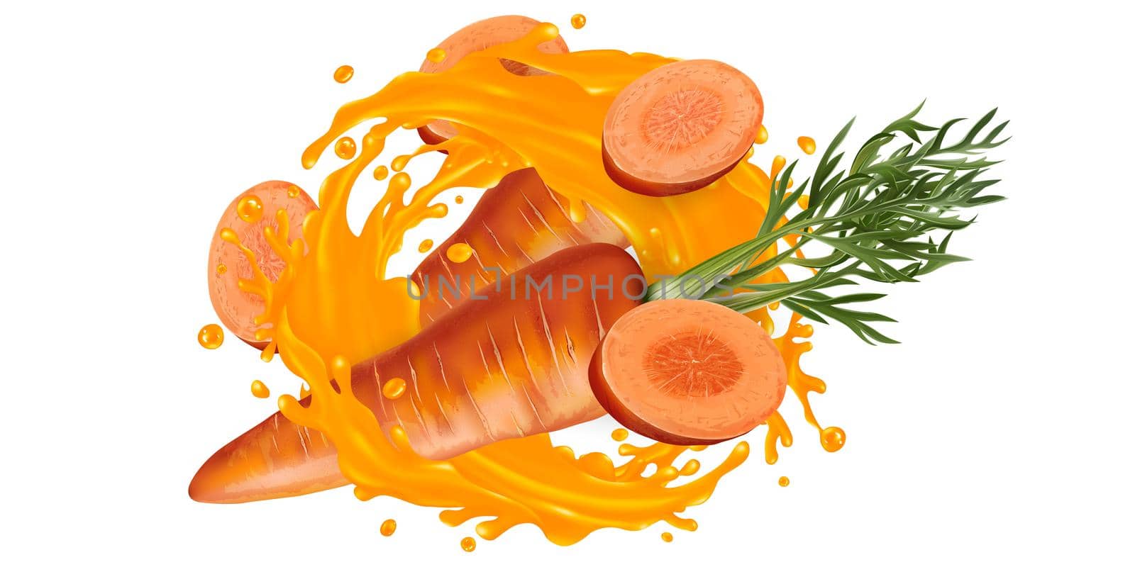 Fresh carrots and a splash of vegetable juice on a white background. Realistic style illustration.