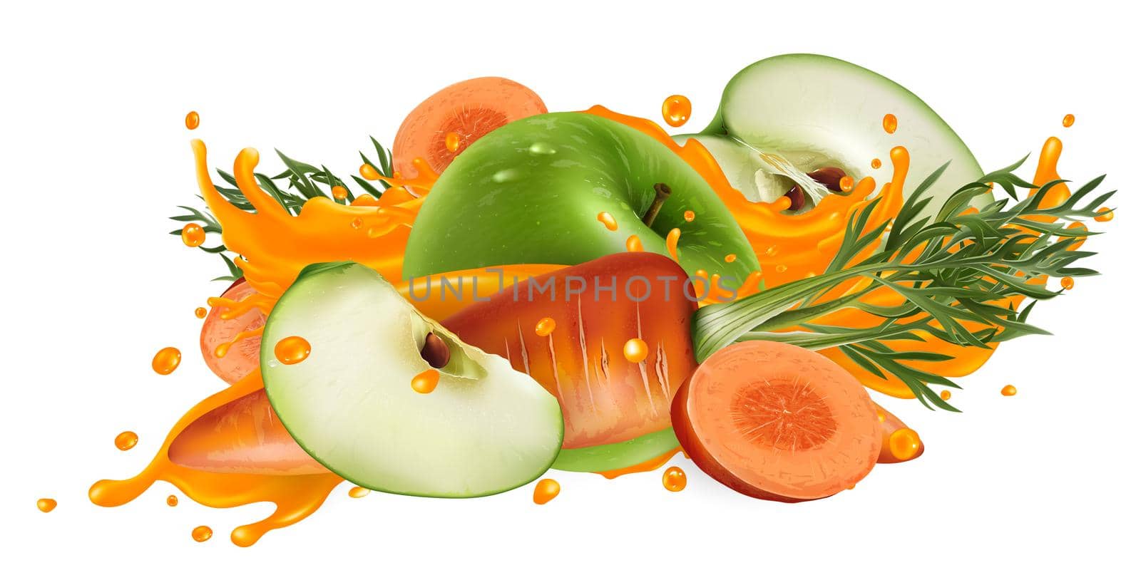 Fresh carrots and green apples and a splash of vegetable juice on a white background. Realistic style illustration.