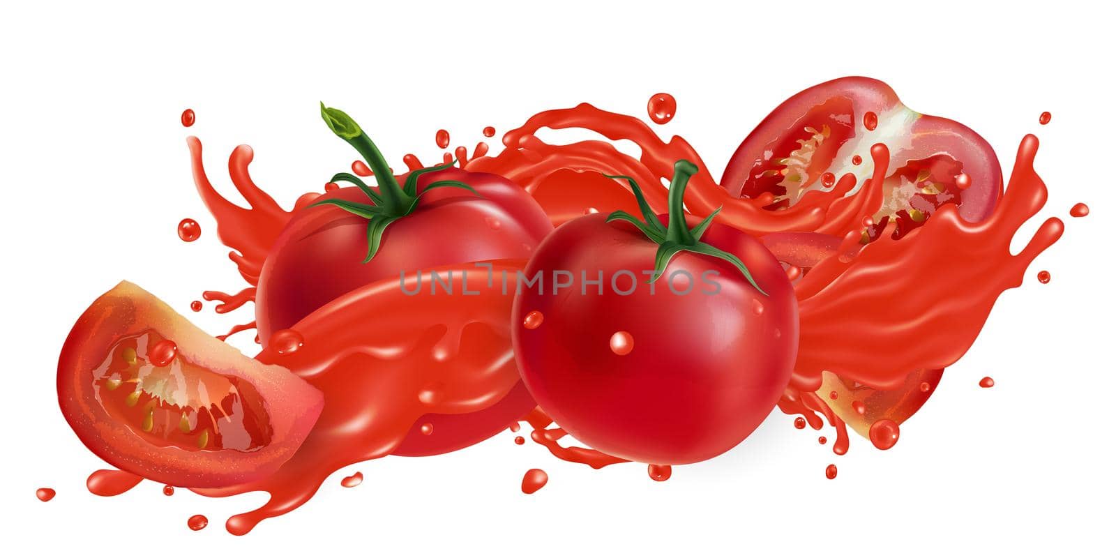 Whole and sliced tomatoes and a splash of red vegetable juice on a white background. Realistic style illustration.