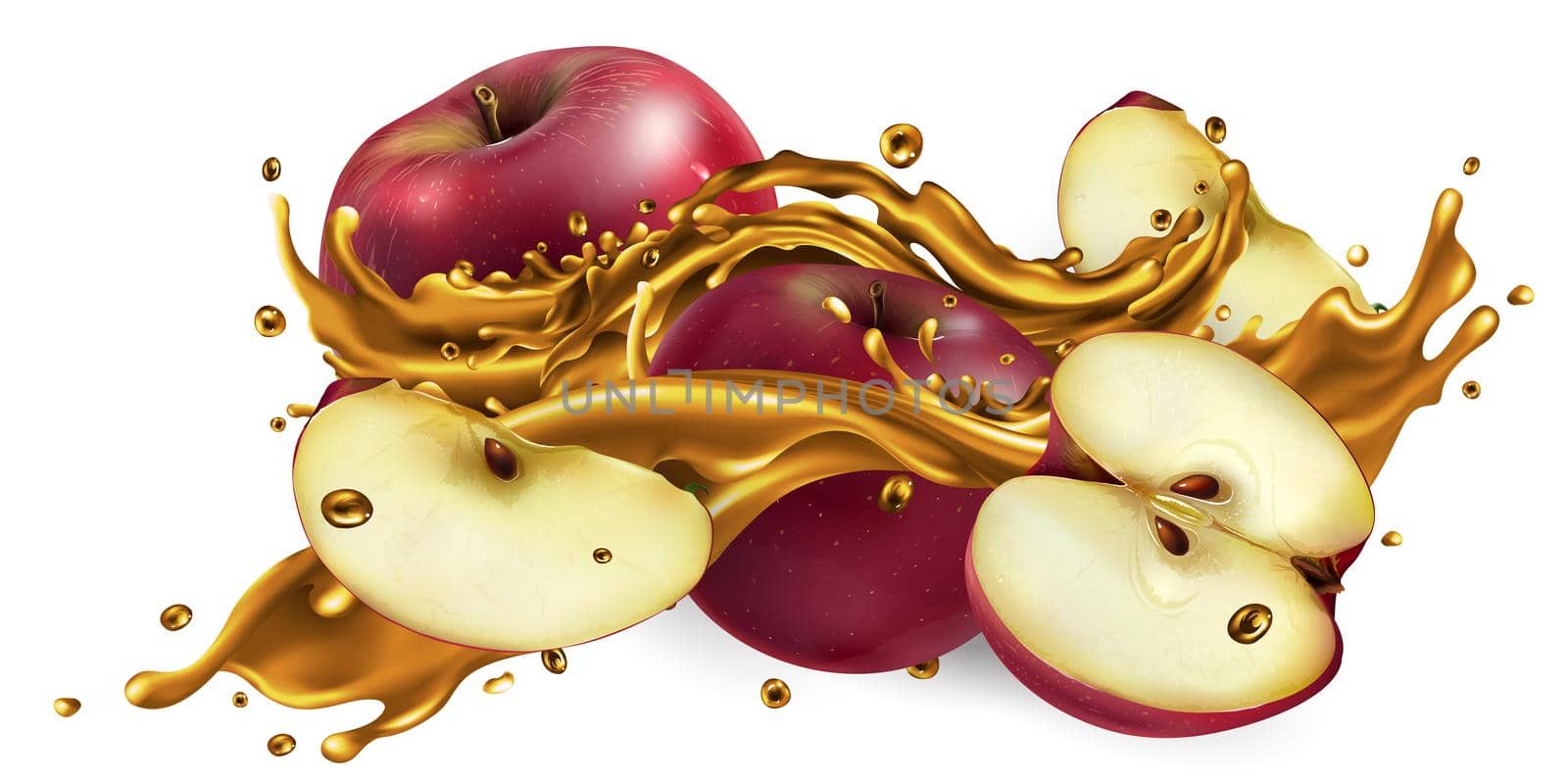 Whole and sliced red apples and a splash of fruit juice on a white background. Realistic style illustration.
