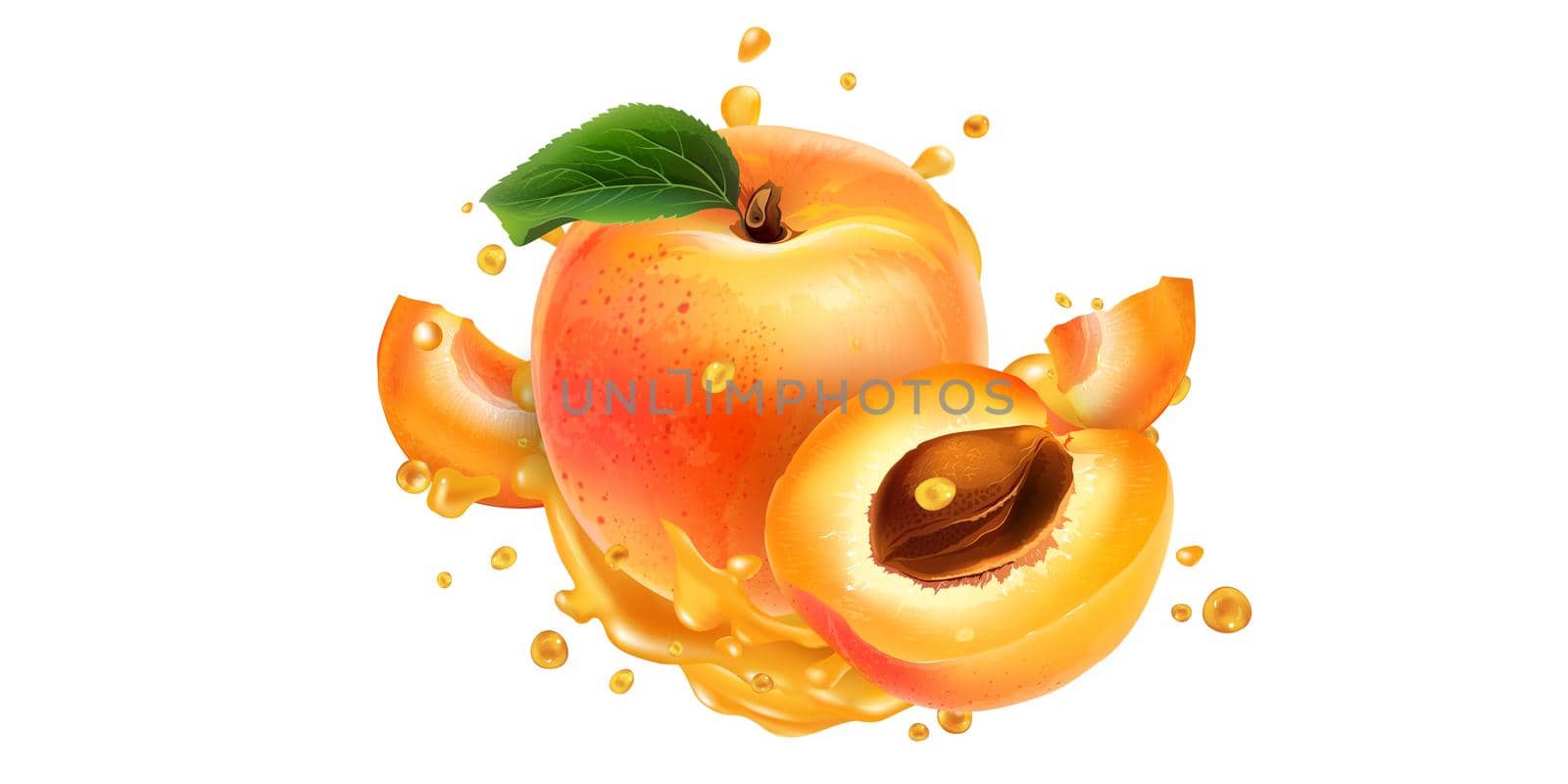Whole and sliced apricots in fruit juice splashes on a white background. Realistic style illustration.