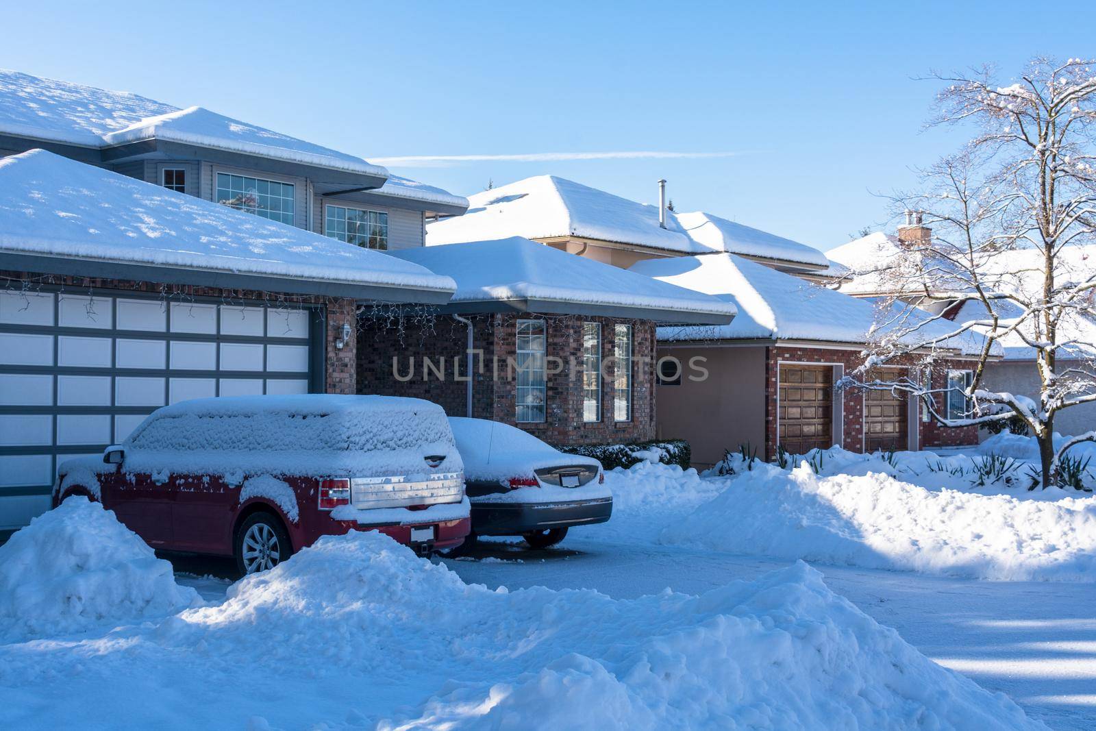 Residential driveway and front yard of houses in snow on winter season