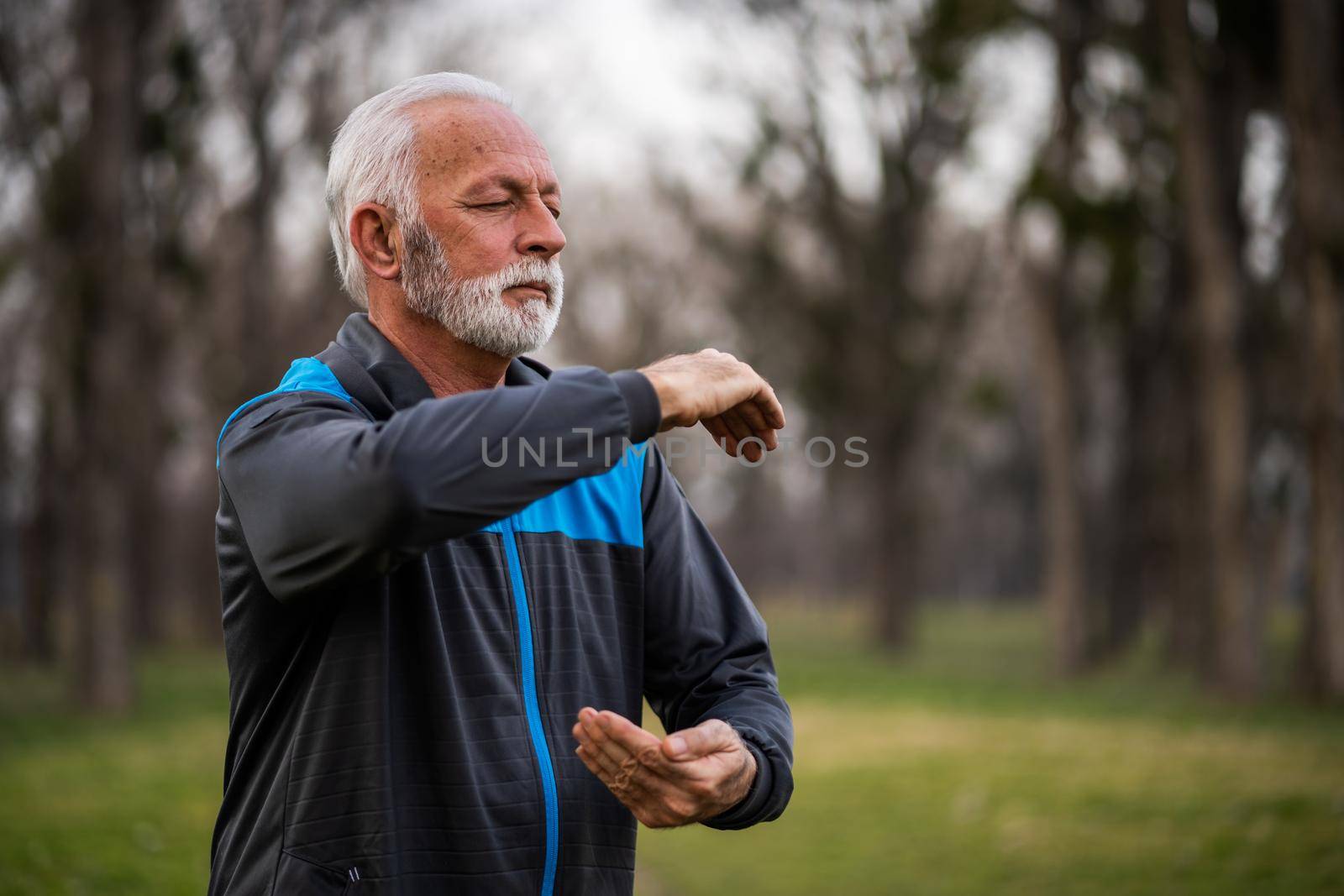 Senior man is practicing Tai Chi exercise in park.