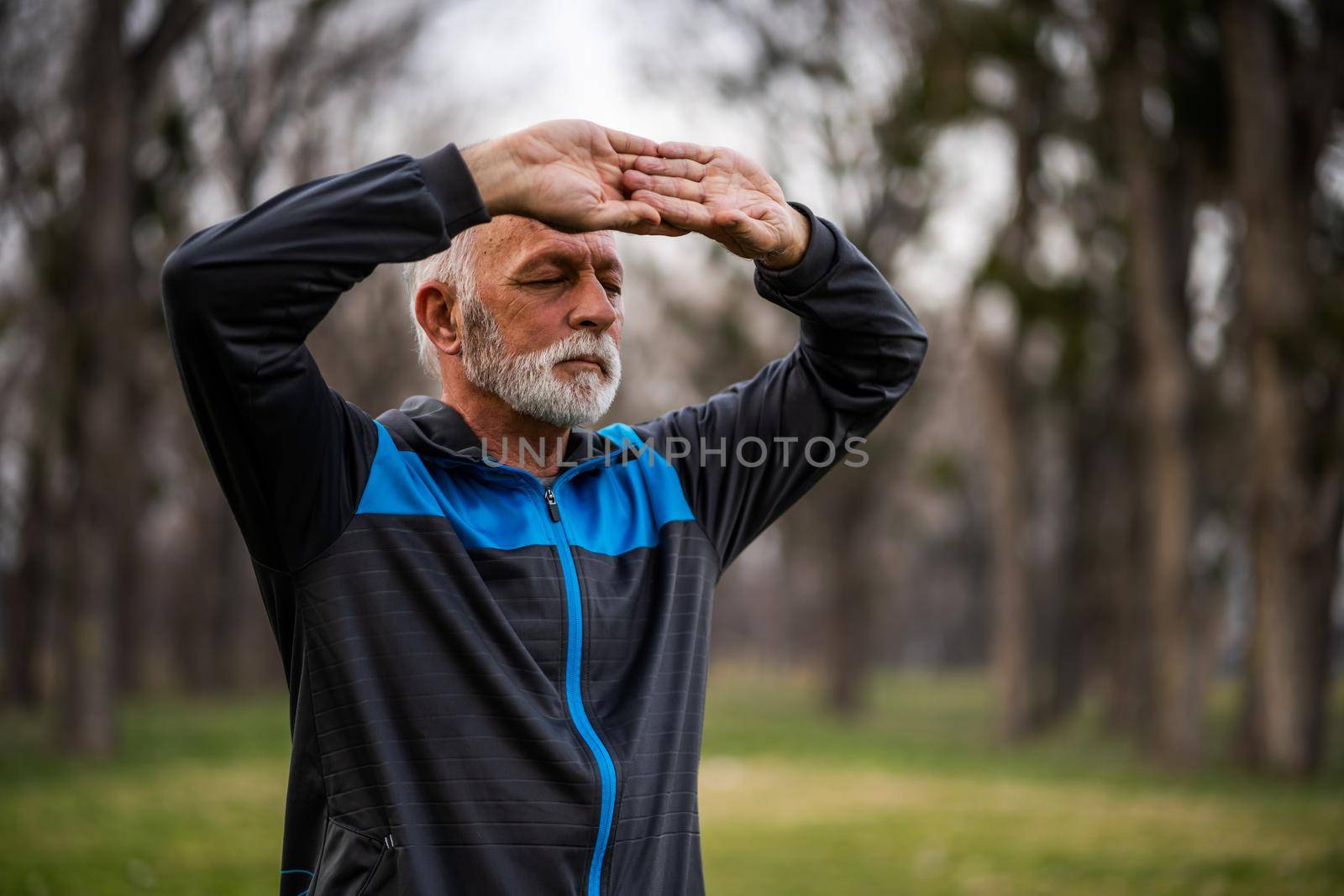 Senior man is practicing Tai Chi exercise in park.