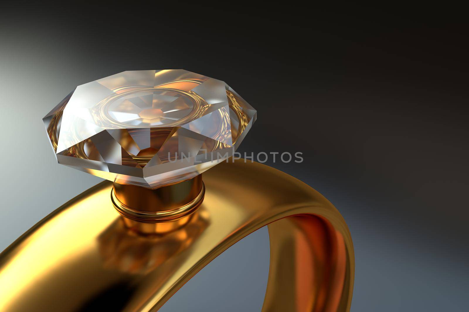 3D Gold ring with a large diamond close-up on a dark background