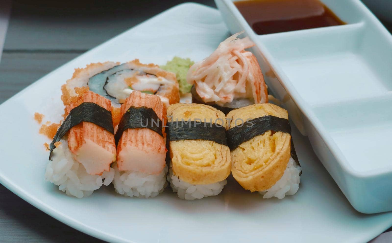 mixed japan sushi on white dish by baworn47