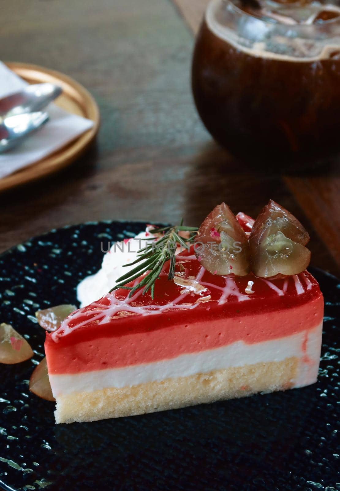 strawberry short cake with iced coffee background