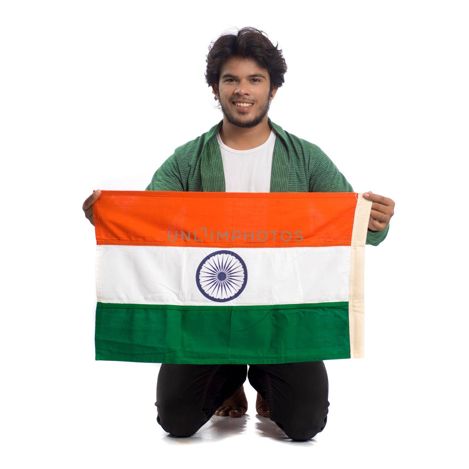 Young man with Indian flag or tricolor on white background, Indian Independence day, Indian Republic day
