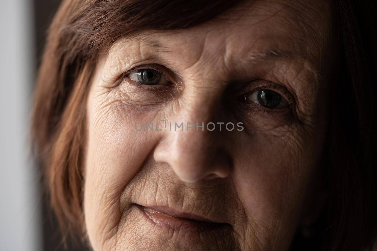 Close-up portrait of senior woman's wrinkled face.