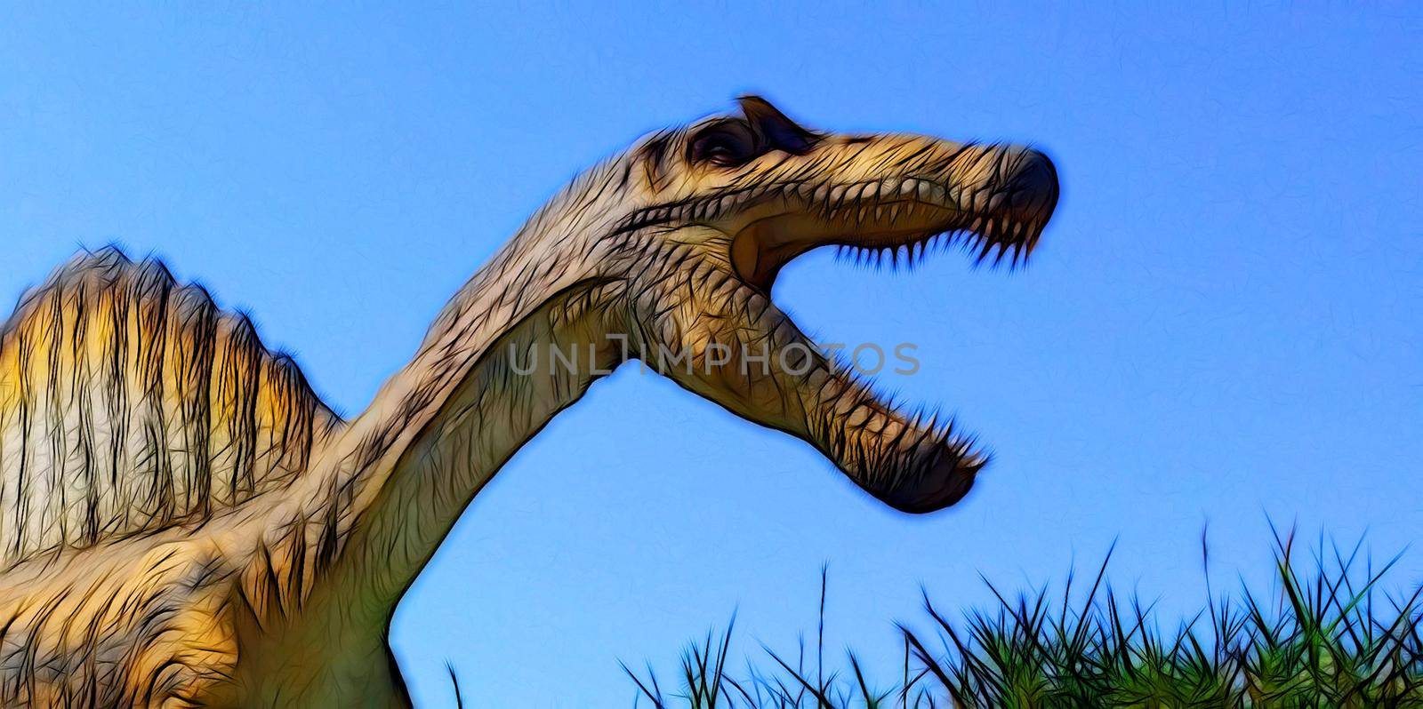 Digital color painting style representing a spinosaurus
