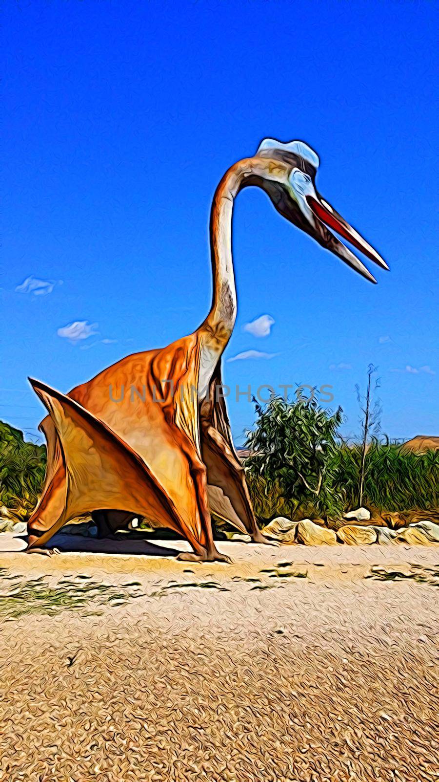 Digital color painting style representing a ptereodactyl wandering alone