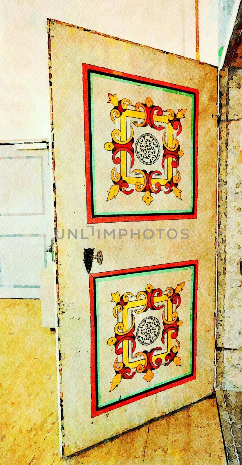 Digital color watercolor style representing an ancient door in a building dating back to the sixteenth century