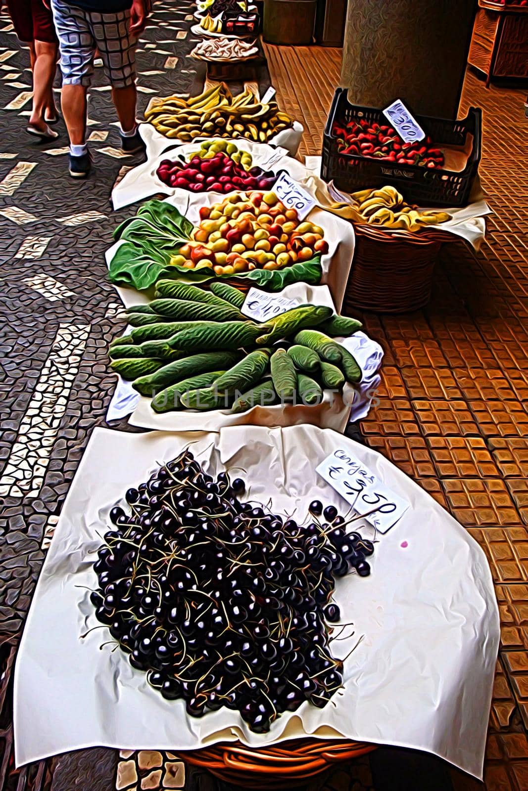 Digital color painting representing baskets of fresh fruit at the market