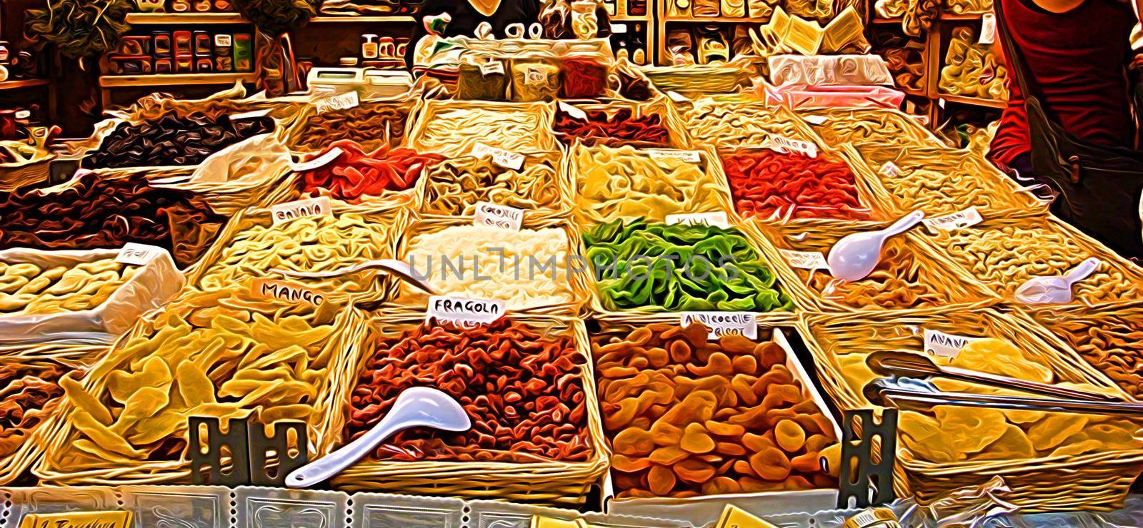 Digital painting representing baskets of dried fruit and spices at the market by Jamaladeen