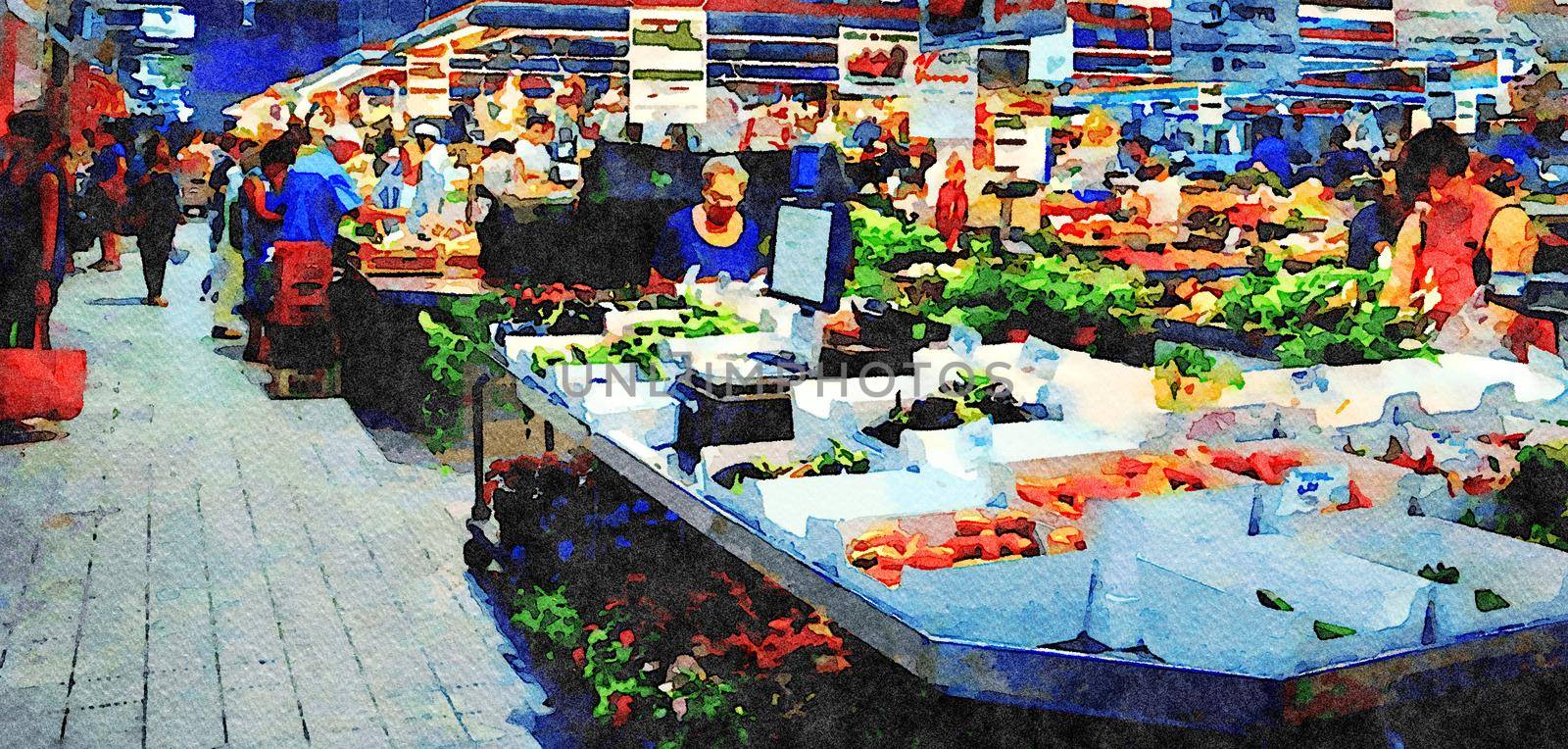 Digital watercolorstyle which represents a fruit and vegetable market in Italy