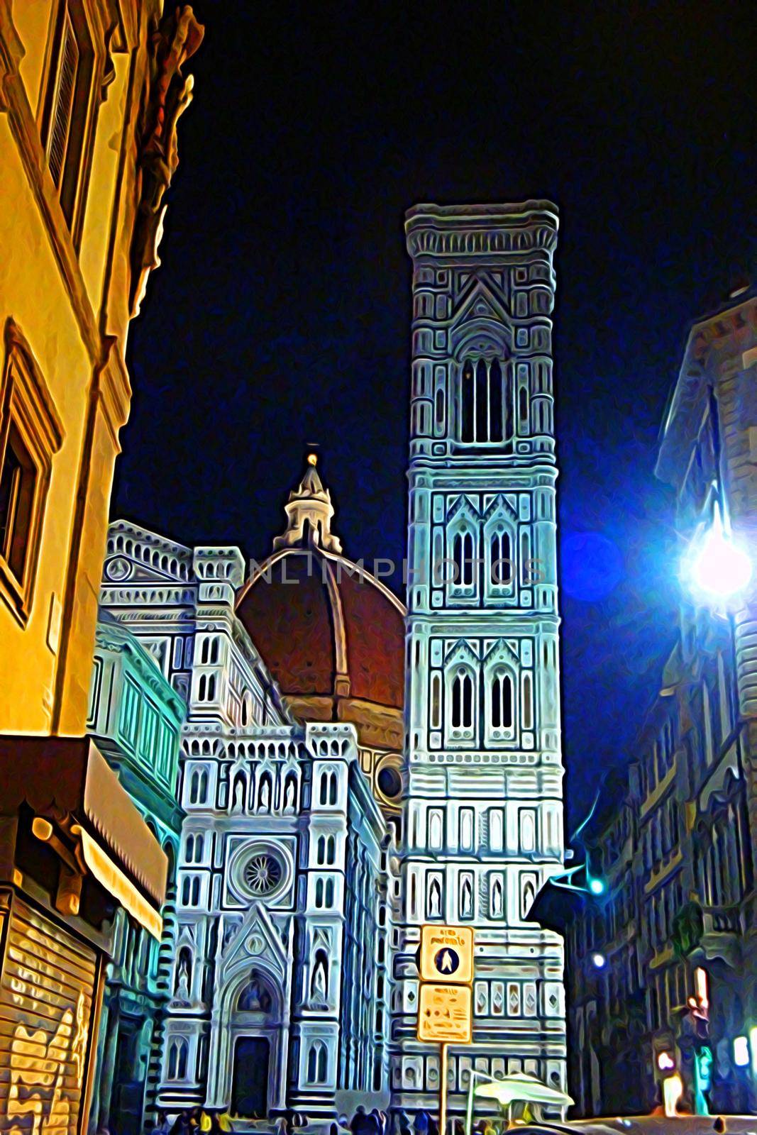 Digital color painting style of a nocturnal glimpse of the church and the bell tower of Florence