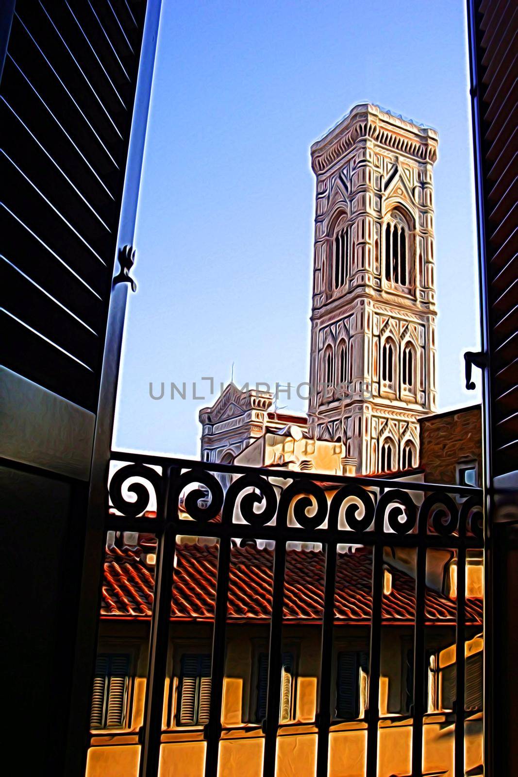 Digital color painting style of a glimpse from the roofs of the bell tower of Florence