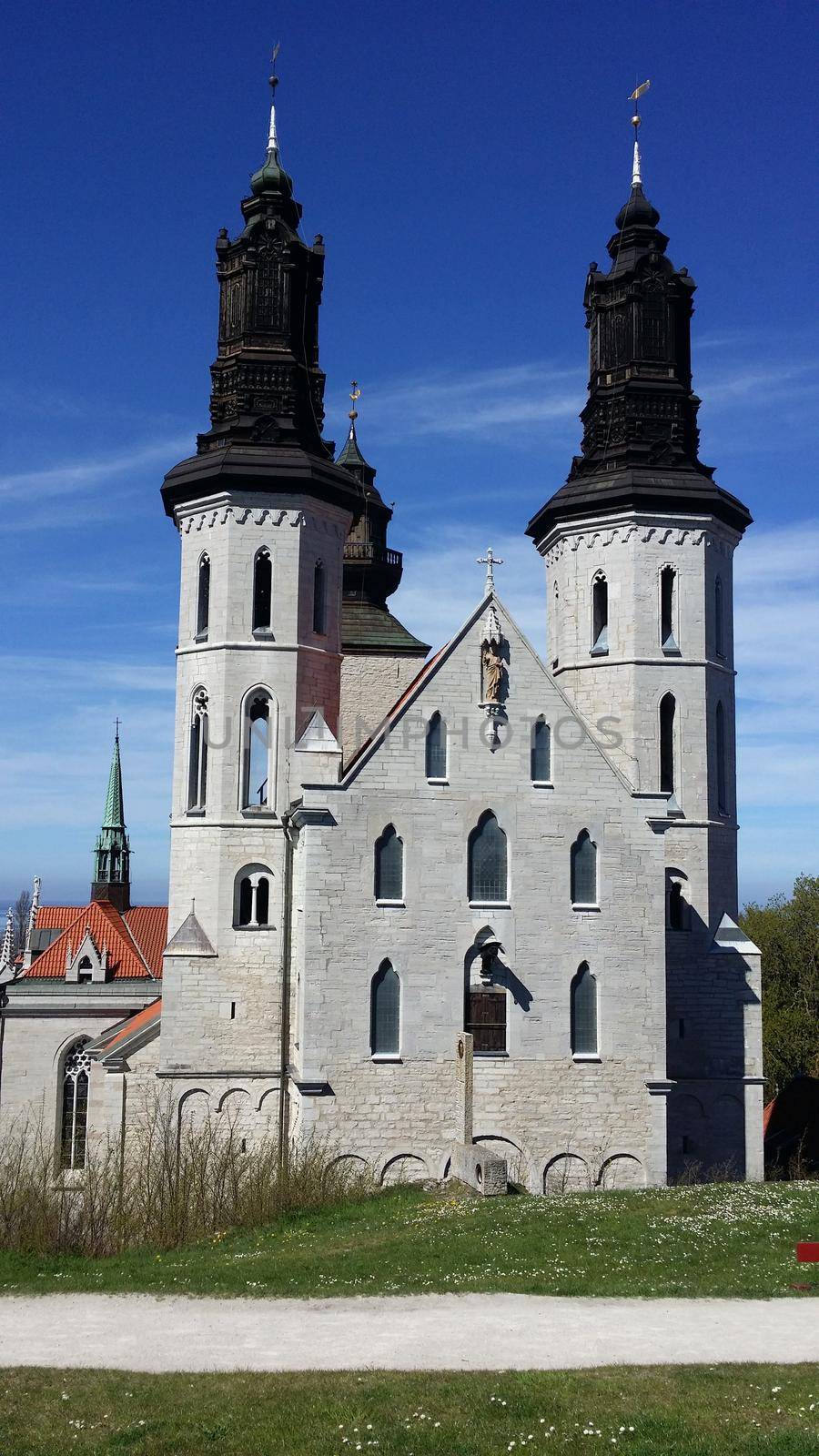 Visby, Sweden, May 5, 2019. A glimpse of the exterior of the ancient cathedral immediately outside the old town of Visby in Gotland in Sweden