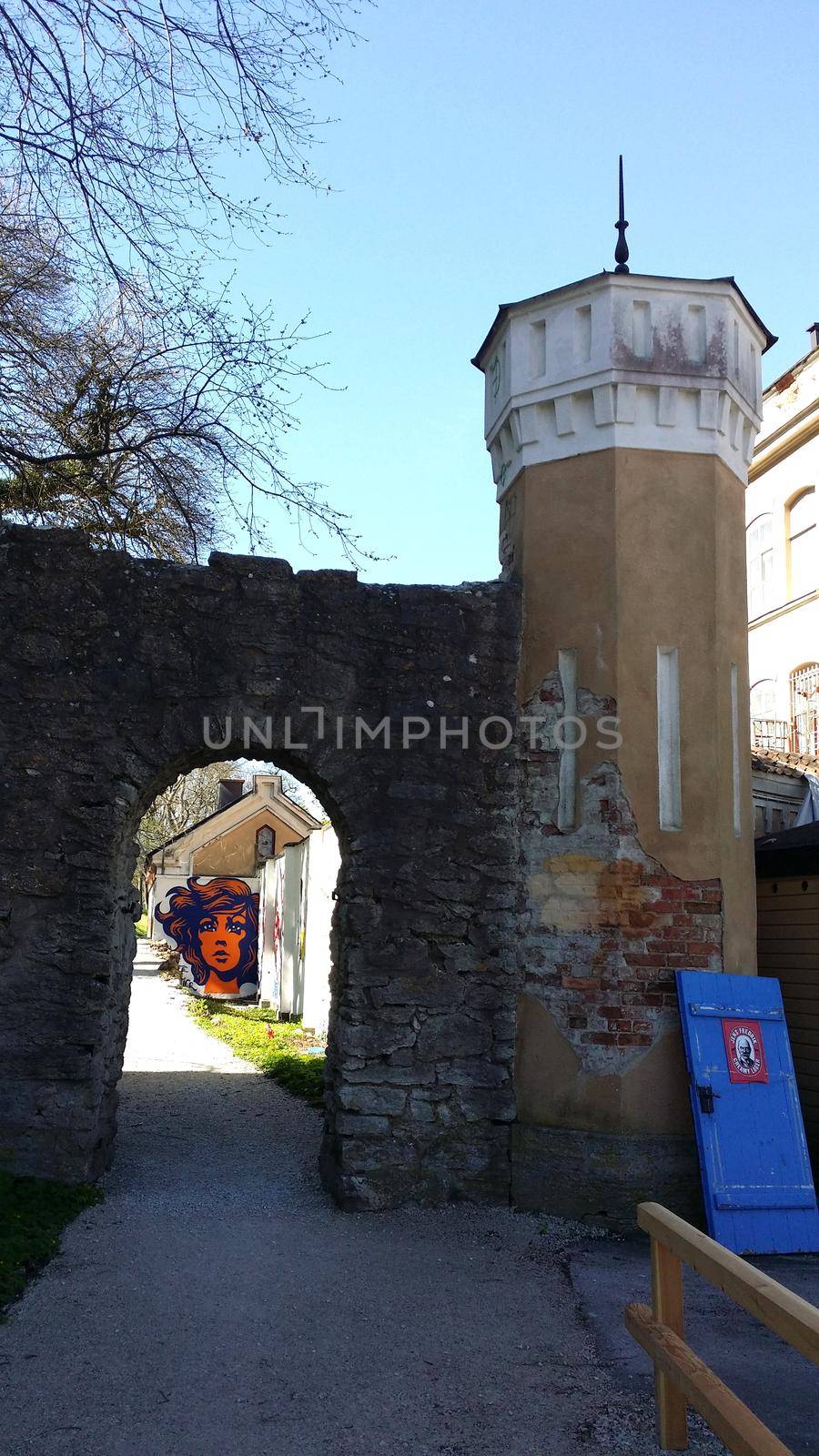 Visby, Sweden, May 5, 2019. A glimpse of the walls of the old town of Visby in Gotland in Sweden