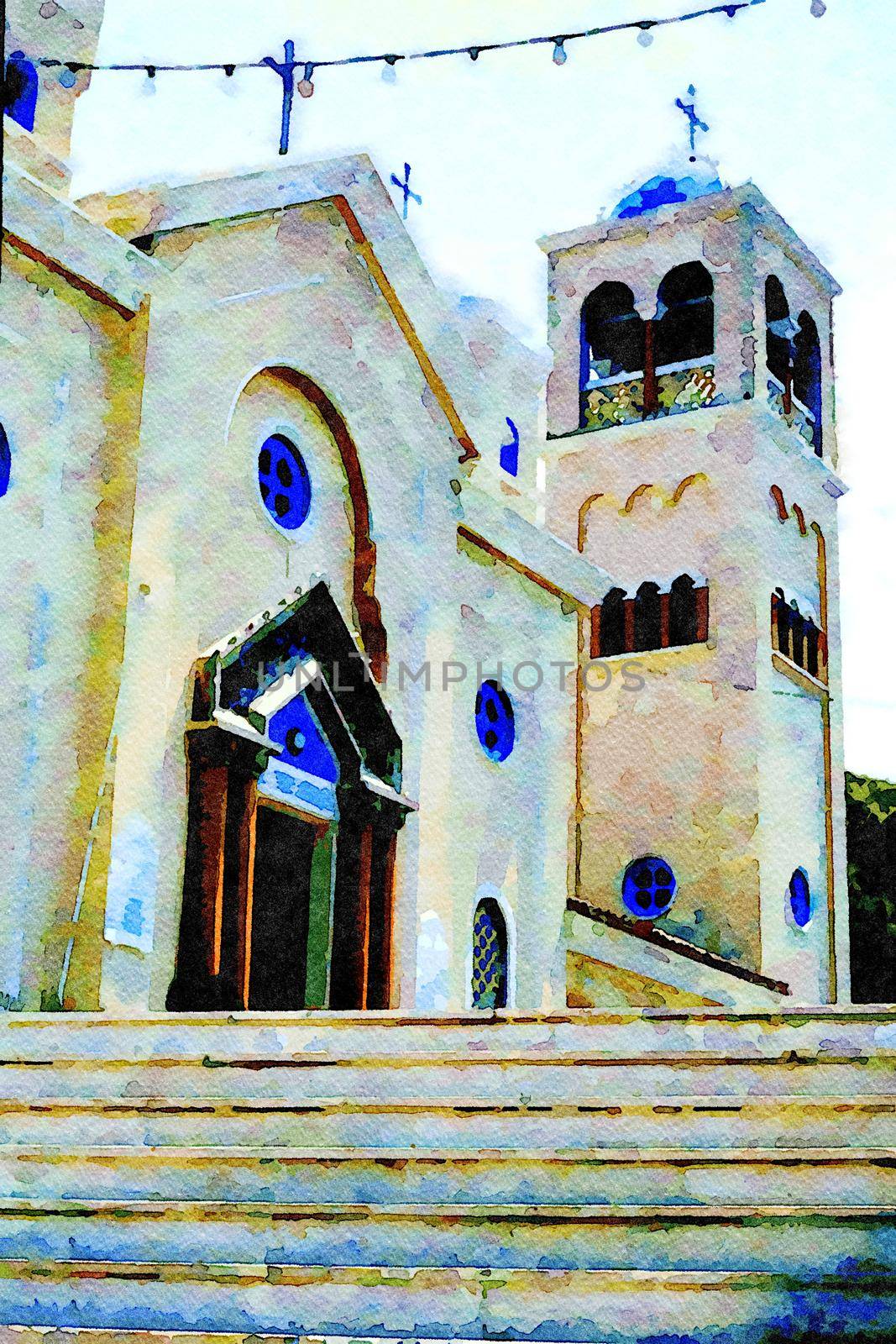 Watercolorstyle picture representing the main facade of an Orthodox church in the town on one of the Greek islands
