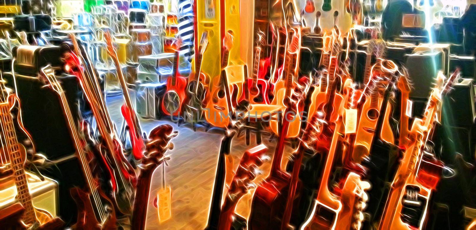 Digital color painting style representing acoustic guitars and electric basses
