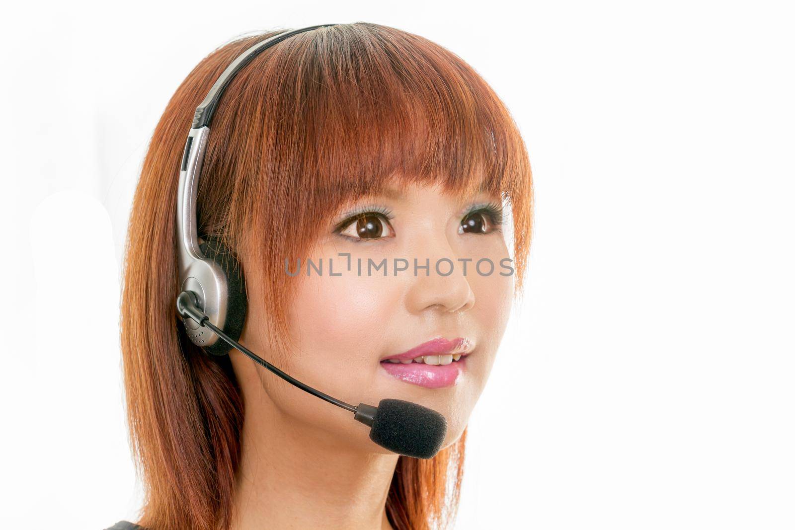 Chinese female wearing a headset with microphone