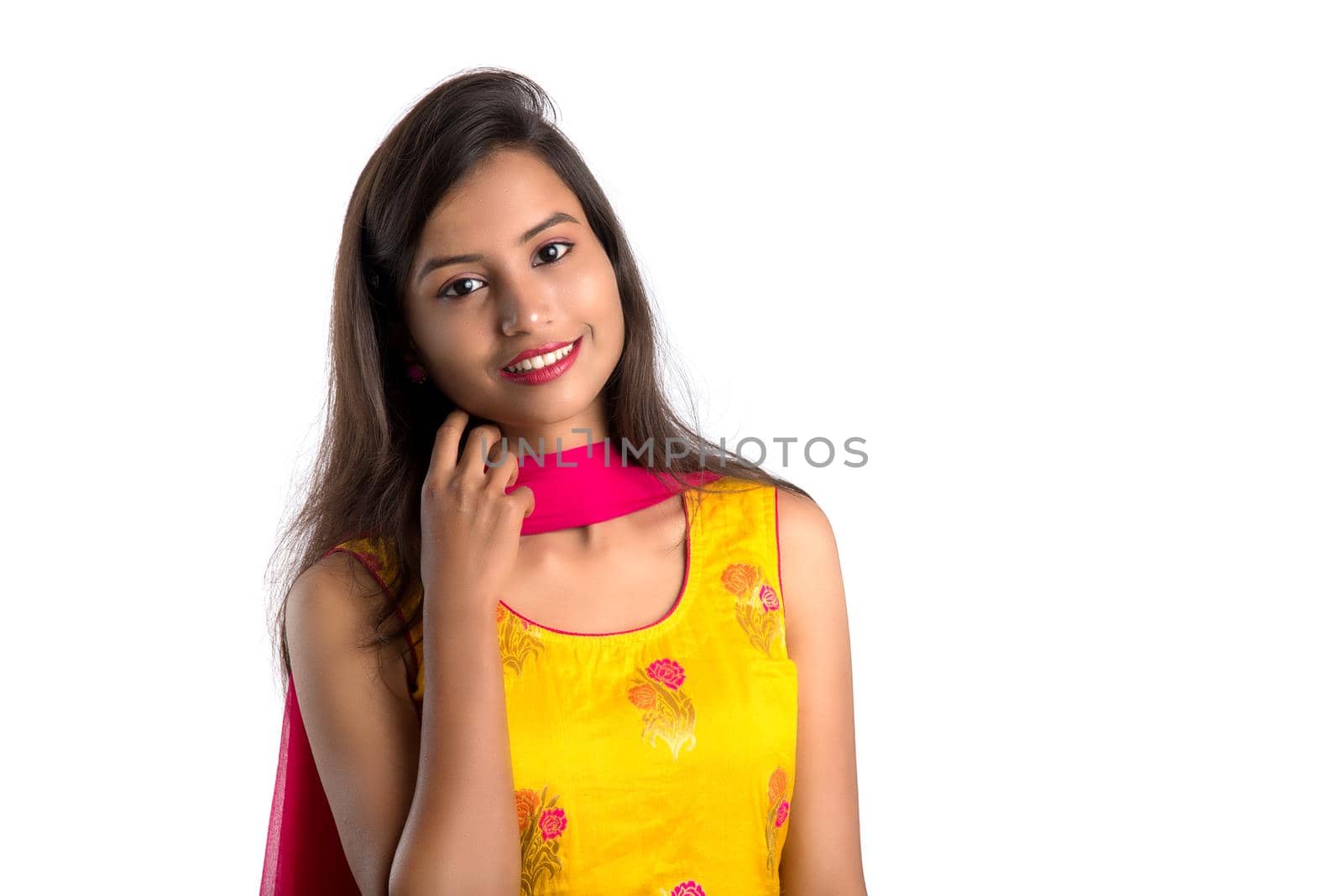Portrait of beautiful young smiling girl on a white background.
