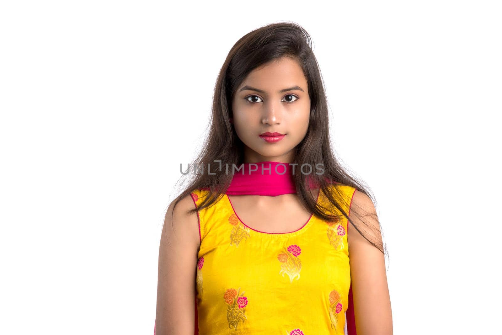 Portrait of beautiful young smiling girl on a white background.