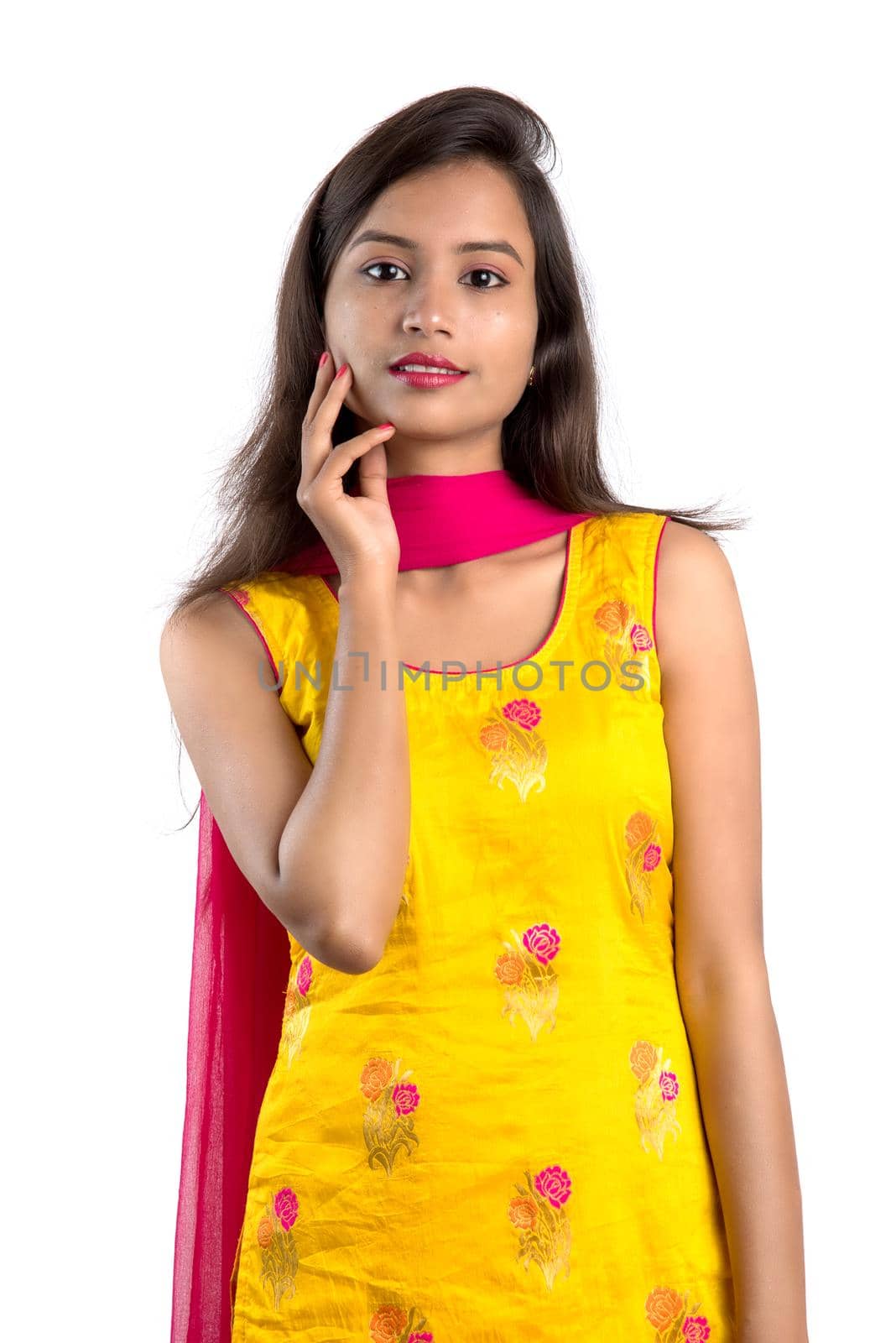 Portrait of beautiful young smiling girl on a white background.