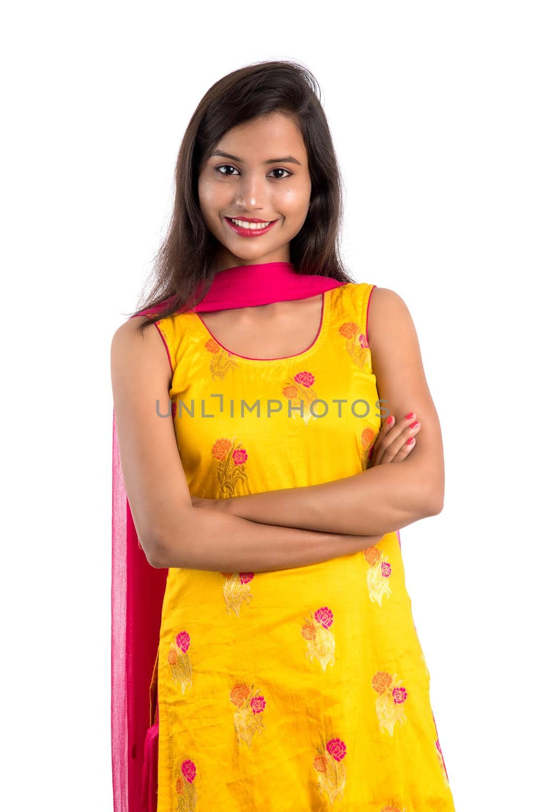 Portrait of beautiful young smiling girl on a white background.