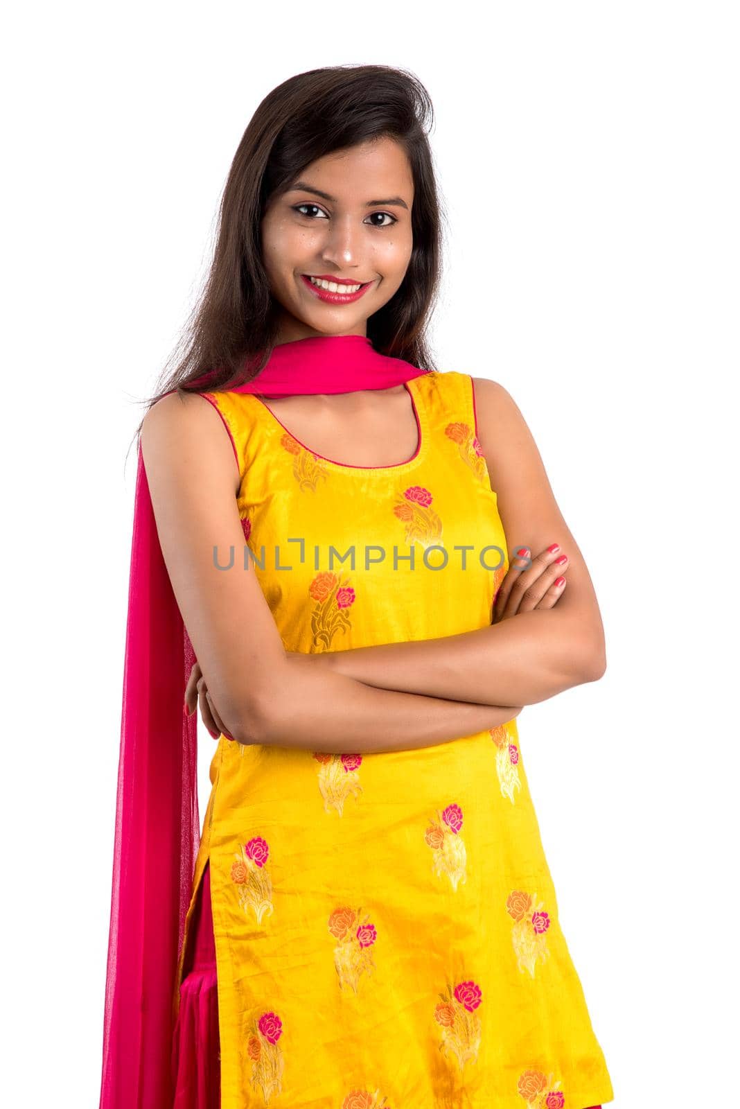 Portrait of beautiful young smiling girl on a white background. by DipakShelare