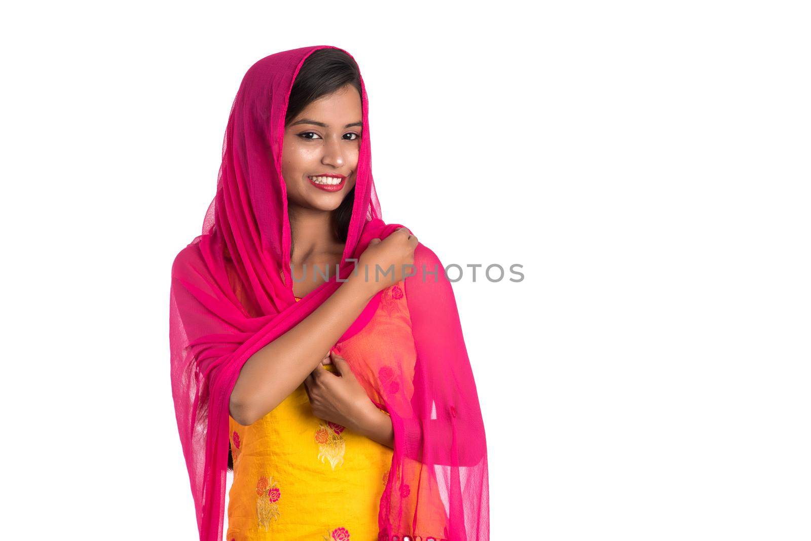 Beautiful Indian traditional girl posing on white background. by DipakShelare